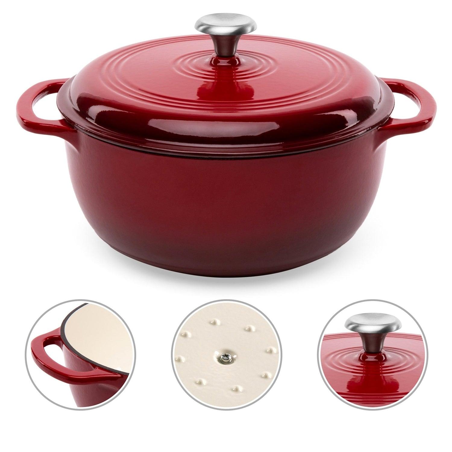 6 Quart Large Red Enamel Cast-Iron Dutch Oven Kitchen Cookware - PRHOMZ