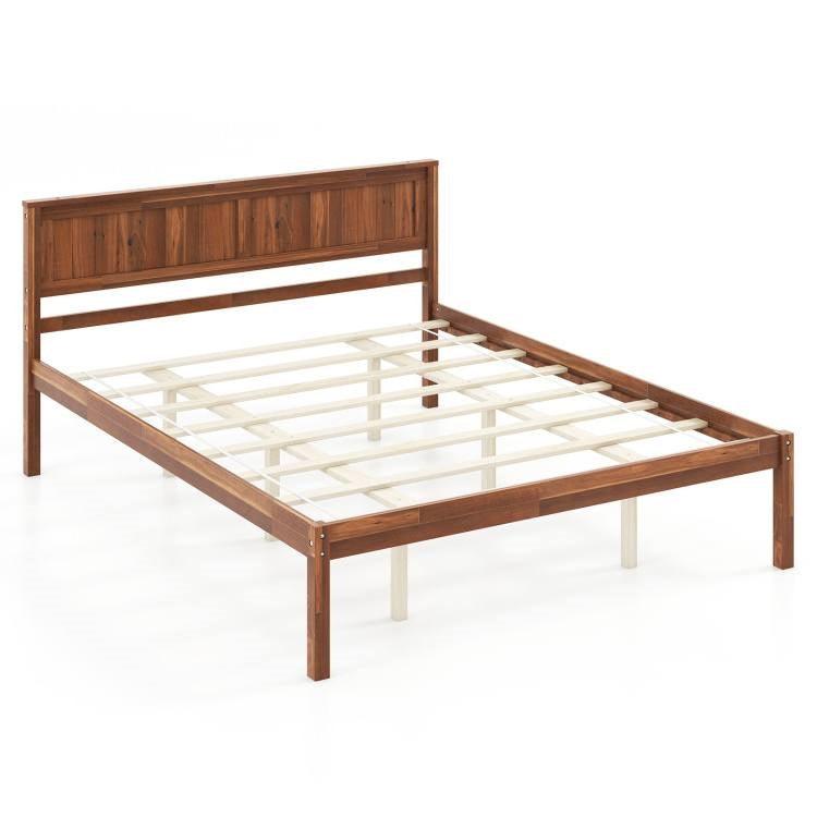 Queen Size Retro Wood Platform Bed Frame with Headboard in Walnut - PRHOMZ