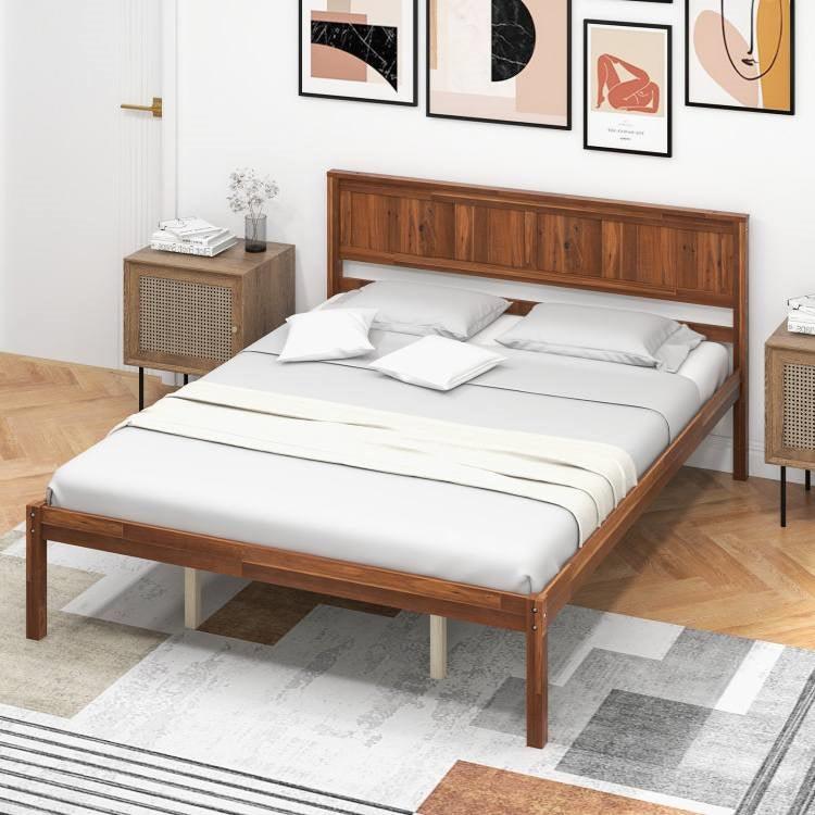 Queen Size Retro Wood Platform Bed Frame with Headboard in Walnut - PRHOMZ