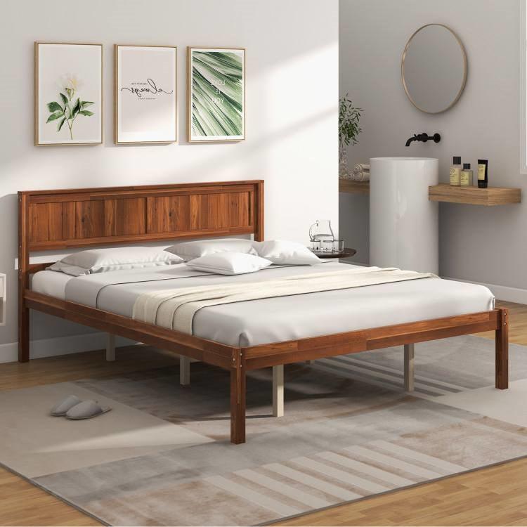 Queen Size Retro Wood Platform Bed Frame with Headboard in Walnut - PRHOMZ