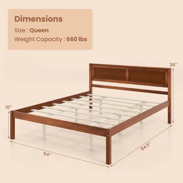 Queen Size Retro Wood Platform Bed Frame with Headboard in Walnut - PRHOMZ