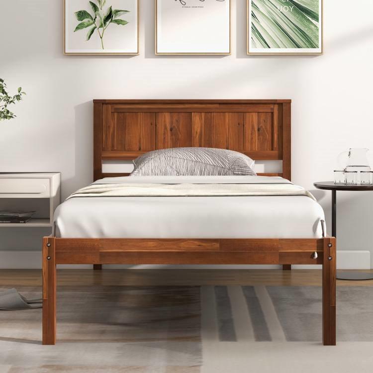 Twin Size Retro Wood Platform Bed Frame with Headboard in Walnut - PRHOMZ