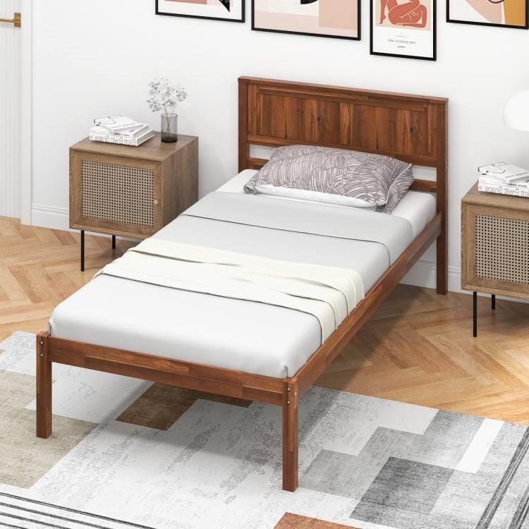 Twin Size Retro Wood Platform Bed Frame with Headboard in Walnut - PRHOMZ