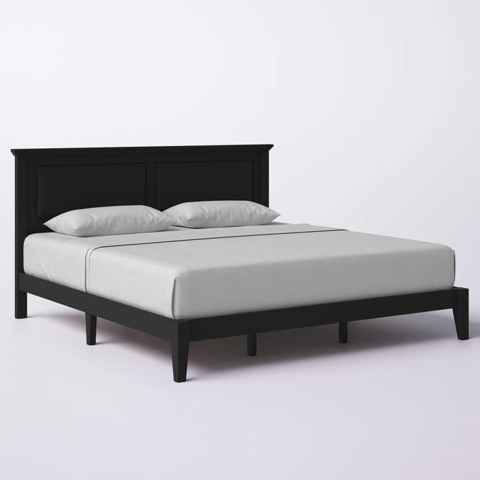 King Traditional Solid Oak Wooden Platform Bed Frame with Headboard in Black - PRHOMZ