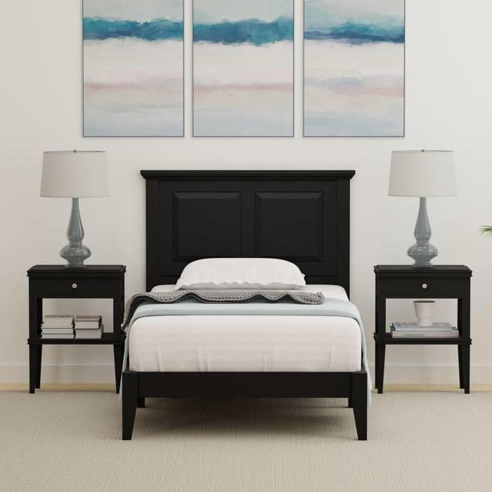 Twin Traditional Solid Oak Wooden Platform Bed Frame with Headboard in Black - PRHOMZ