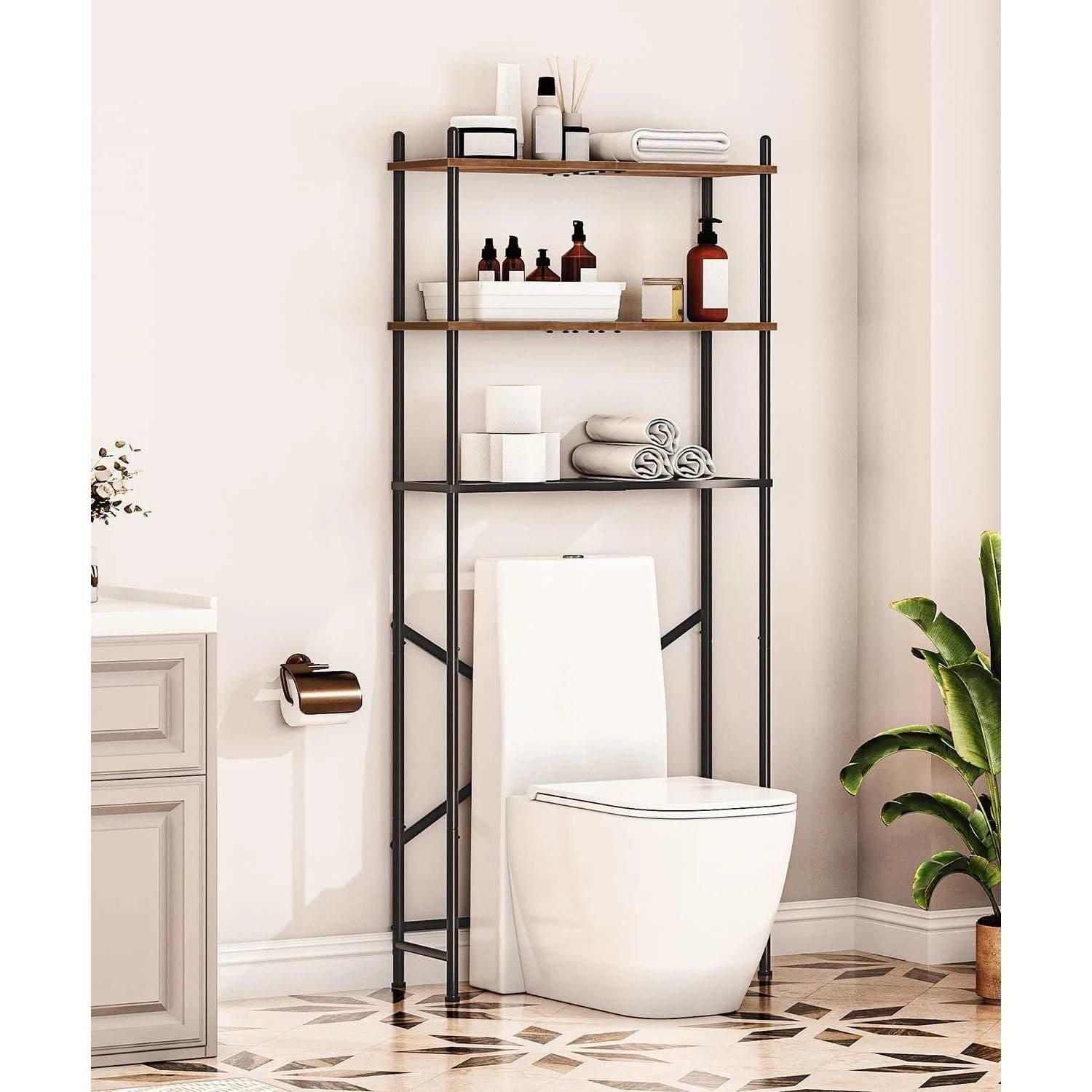 Industrial Metal Wood Style Over the Toilet Freestanding Storage Shelving Unit - PRHOMZ