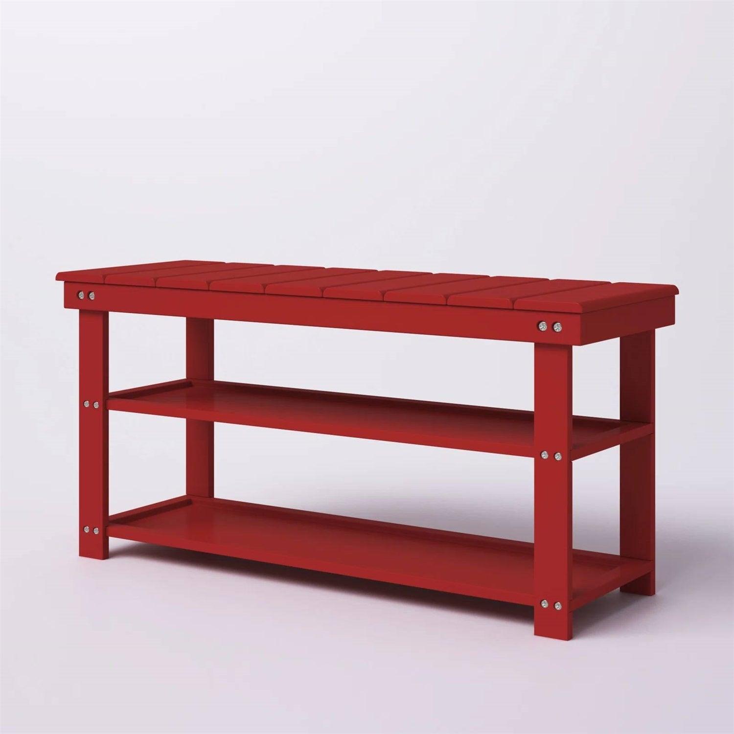 Red Wooden 2-Shelf Shoe Rack Storage Bench for Entryway or Closet - PRHOMZ