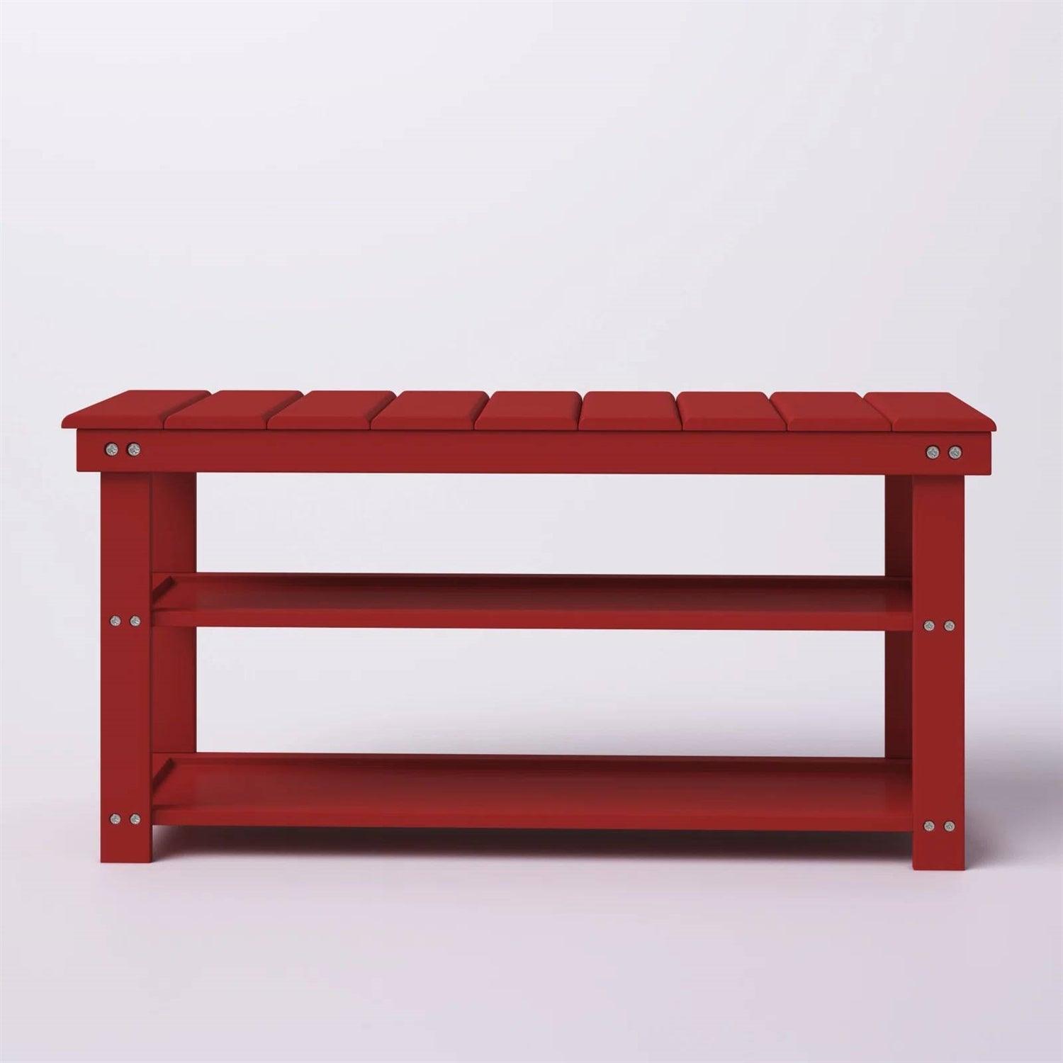 Red Wooden 2-Shelf Shoe Rack Storage Bench for Entryway or Closet - PRHOMZ