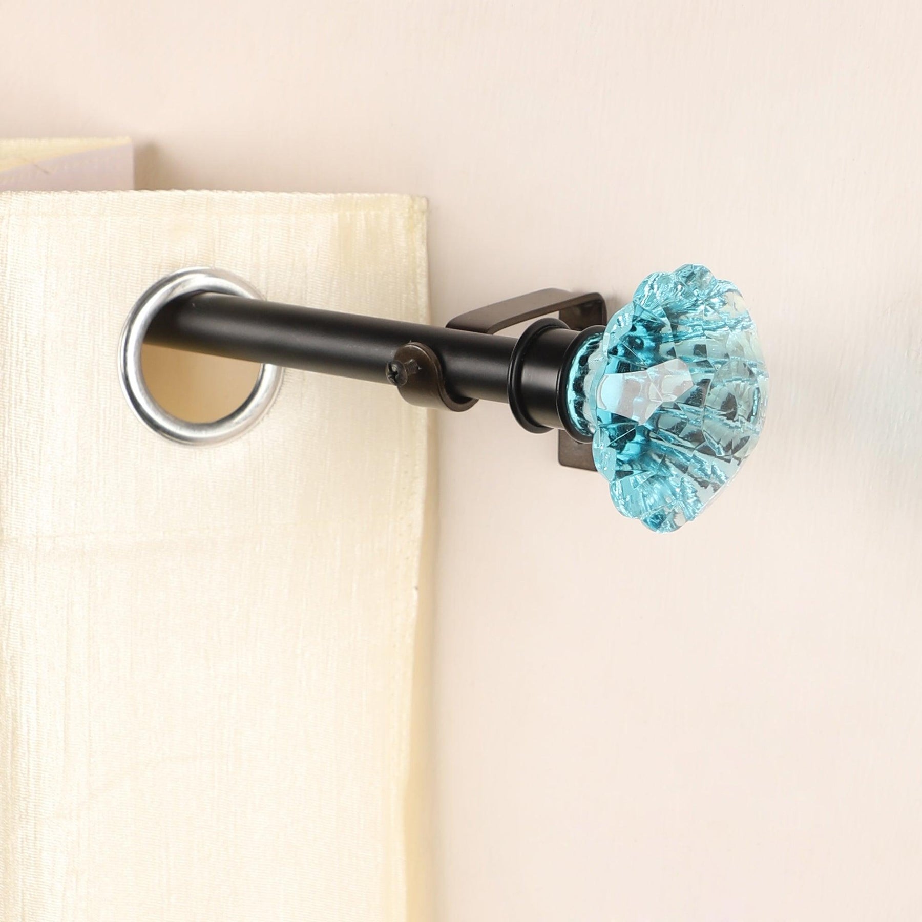 Black Extendable Telescopic Curtain Pole | Rod With Turquoise Glass Finials | 61-366cm-0