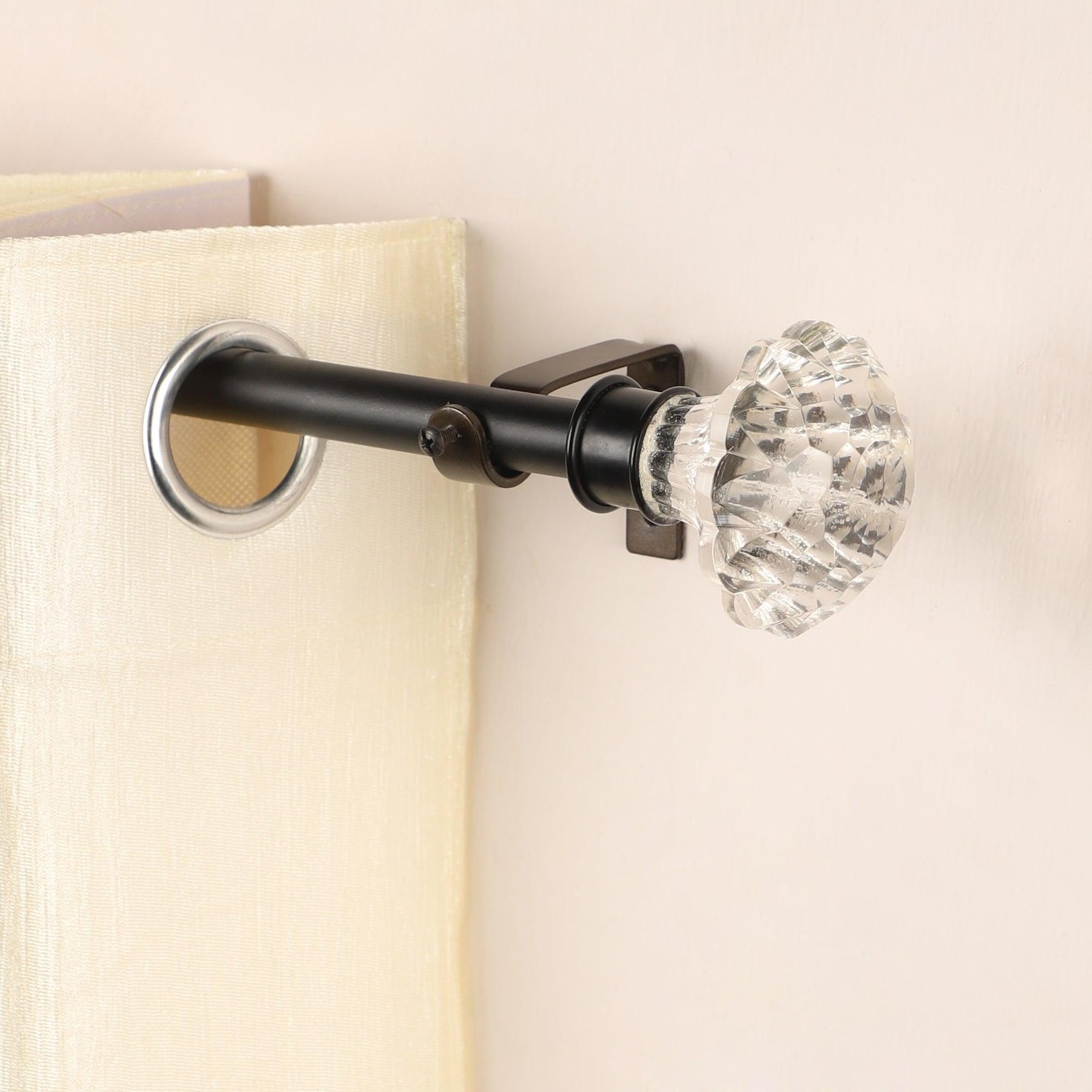 Black Extendable Telescopic Curtain Pole | Rod With Crystal Glass Finials | 61-366cm-0