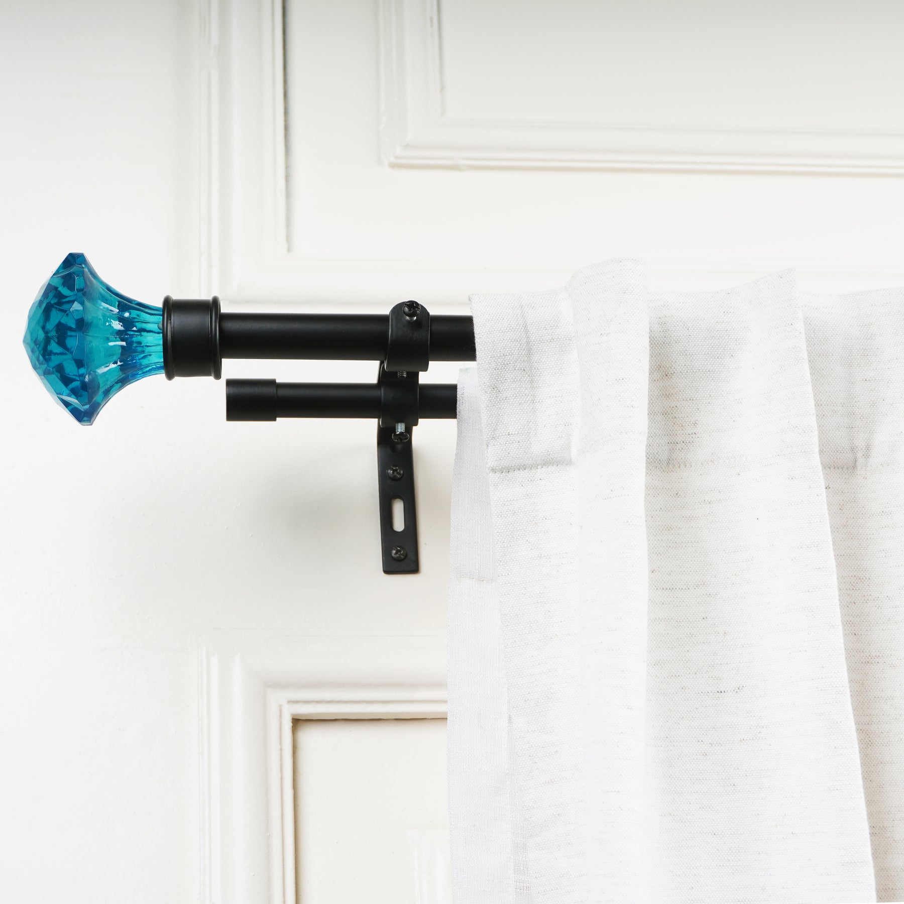 Double Curtain Pole | Black | Extendable | Turquoise Ball Finials | 28-144 Inch-0