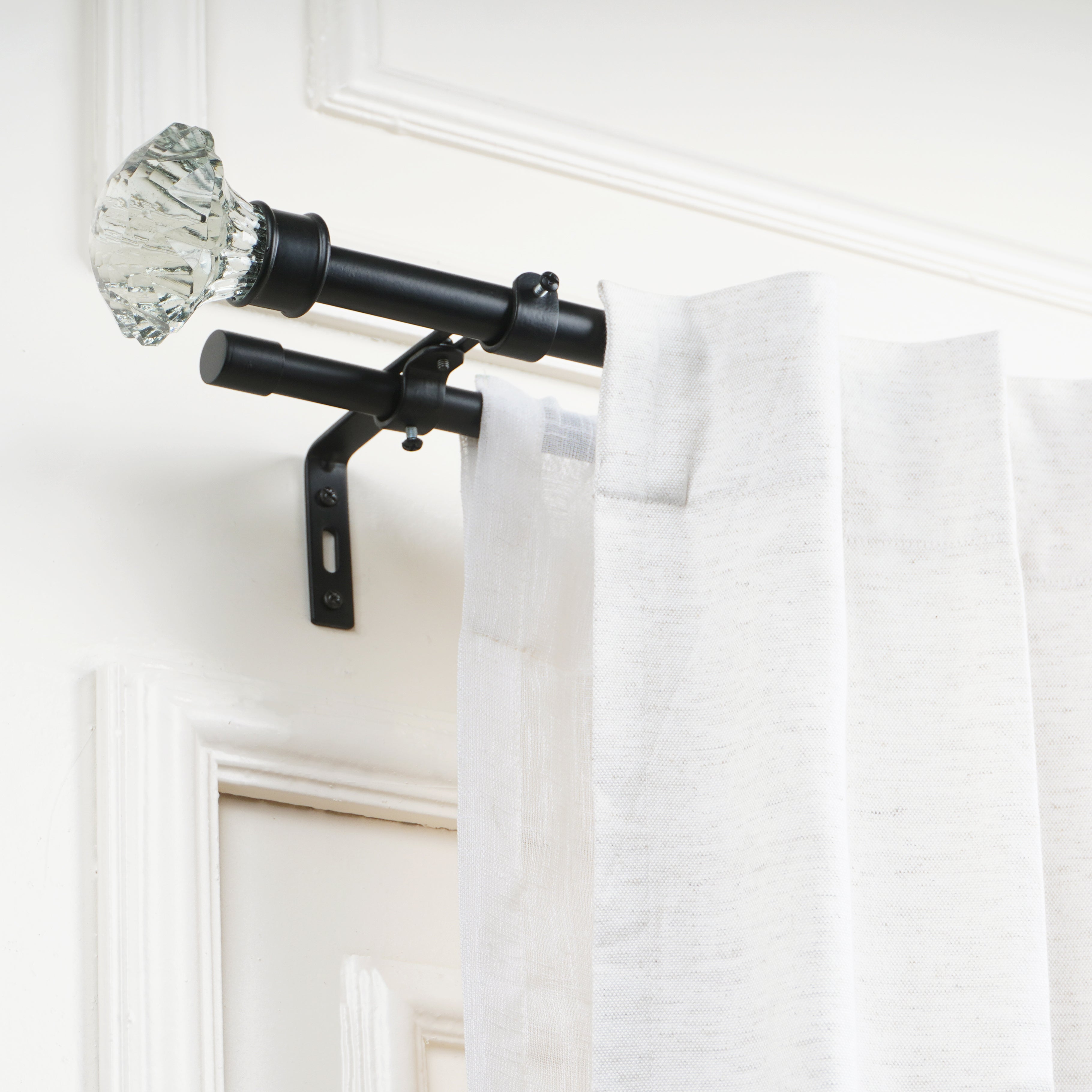 Double Curtain Pole | Black | Extendable & Adjustable | 28-144 Inch | Crystal Glass Finials-1