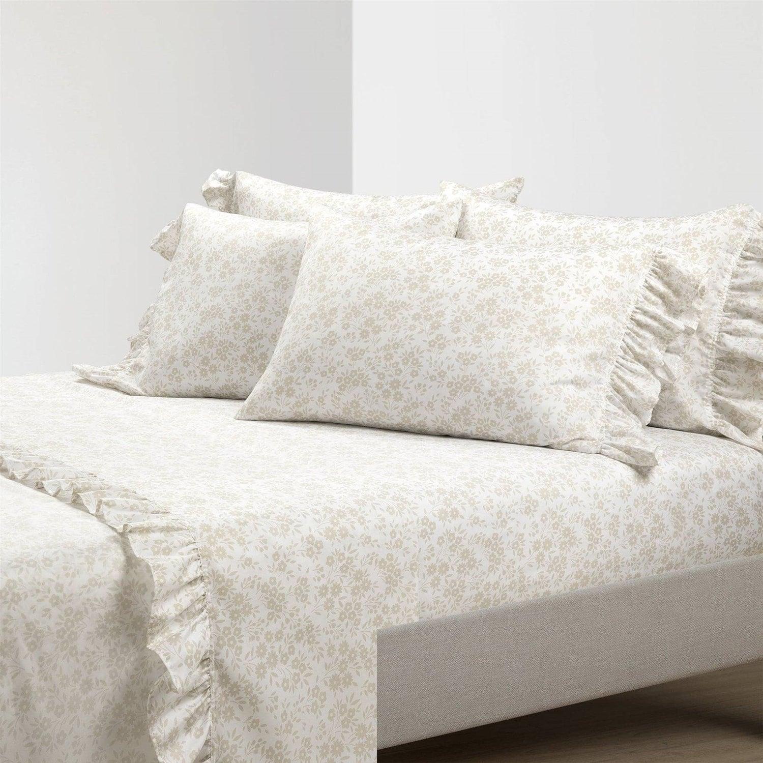 Queen Size Polyester Tan Ruffle Floral 6 Piece Sheet Set - PRHOMZ