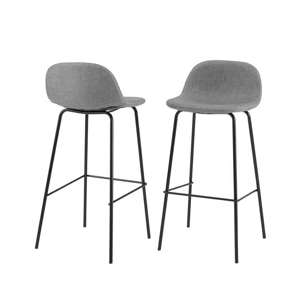 Set of 2 - Modern Low Back Barstool with Black Metal Frame and Grey Linen Seat - PRHOMZ