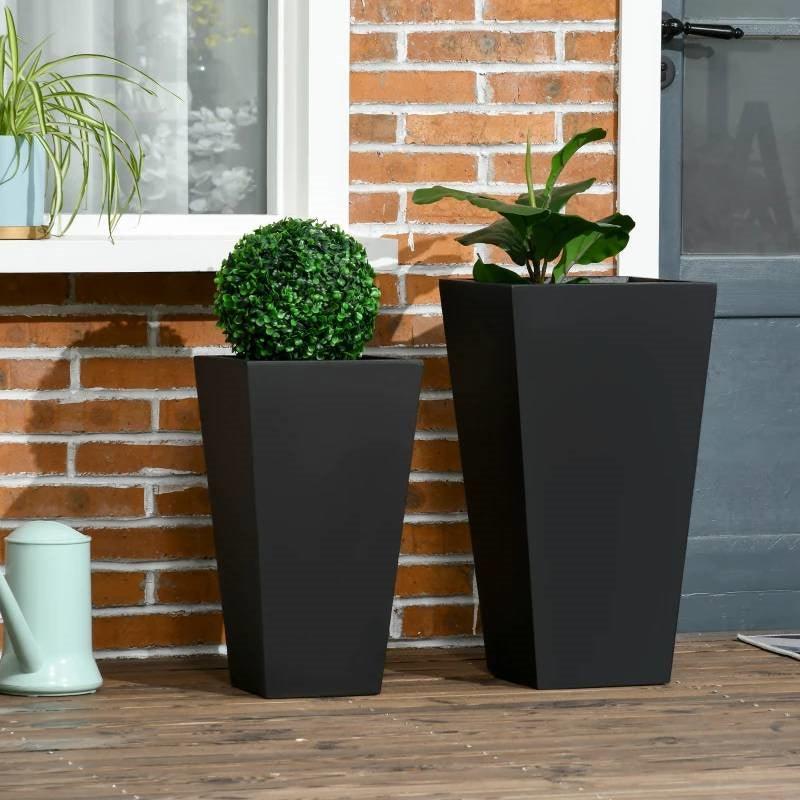 Set of 2 Modern Lightweight Black Outdoor Patio Flower Pot Tall Planter Box - PRHOMZ