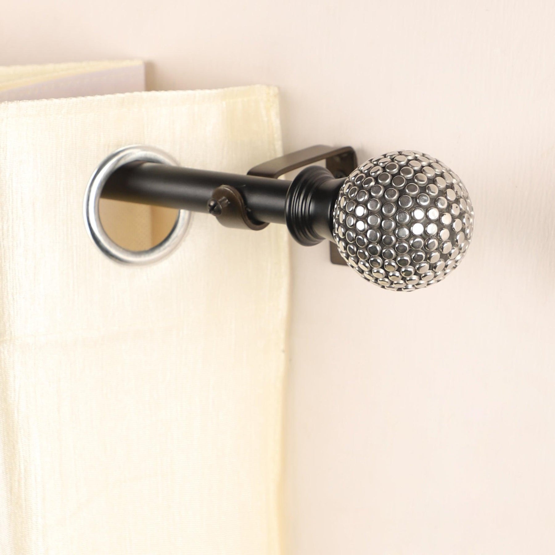 Black Extendable Telescopic Curtain Pole | Rod With Studded Ball Finials | 61-366cm-0
