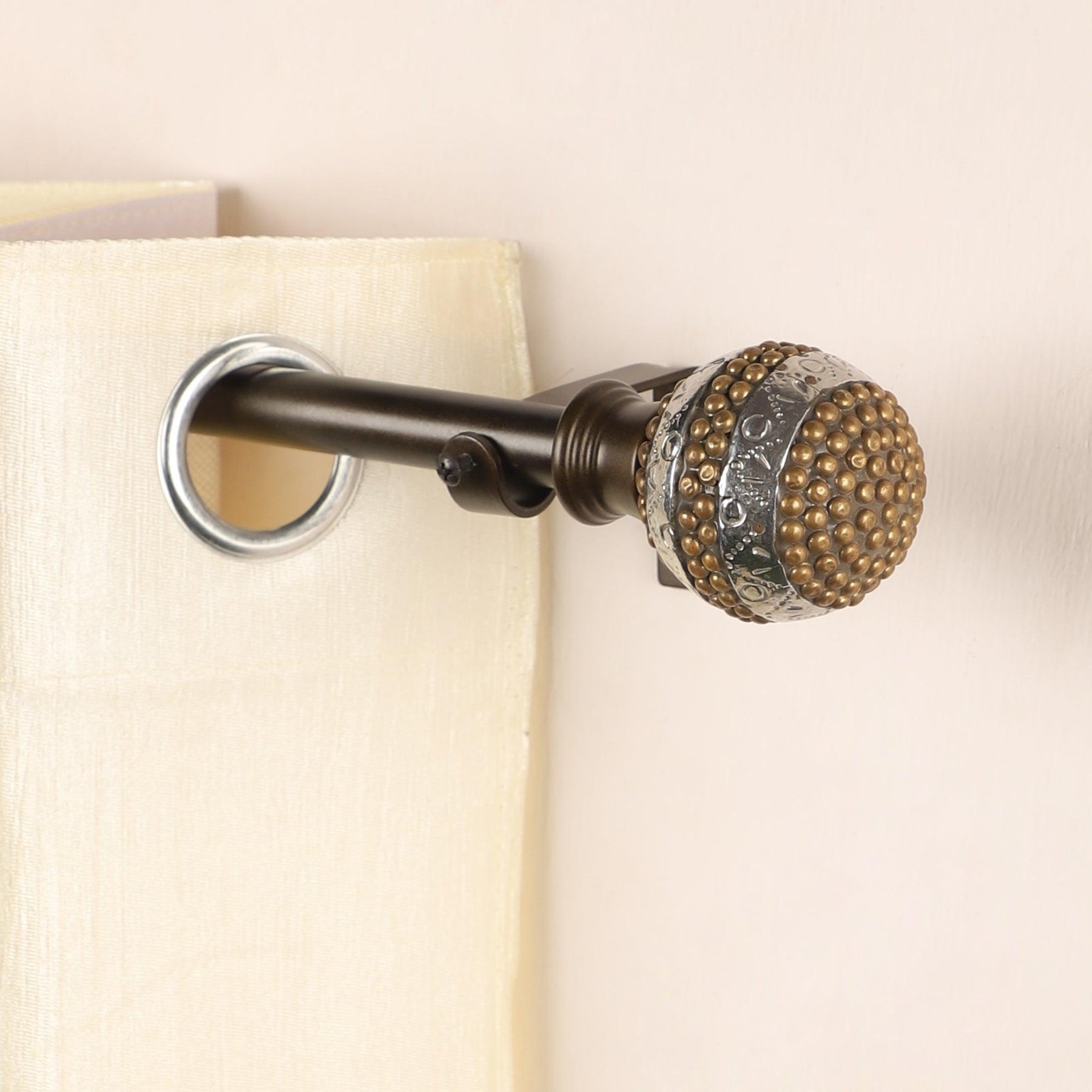 Black Extendable Telescopic Curtain Pole | Rod With Antique Brass Studded Finials | 61-366cm-0