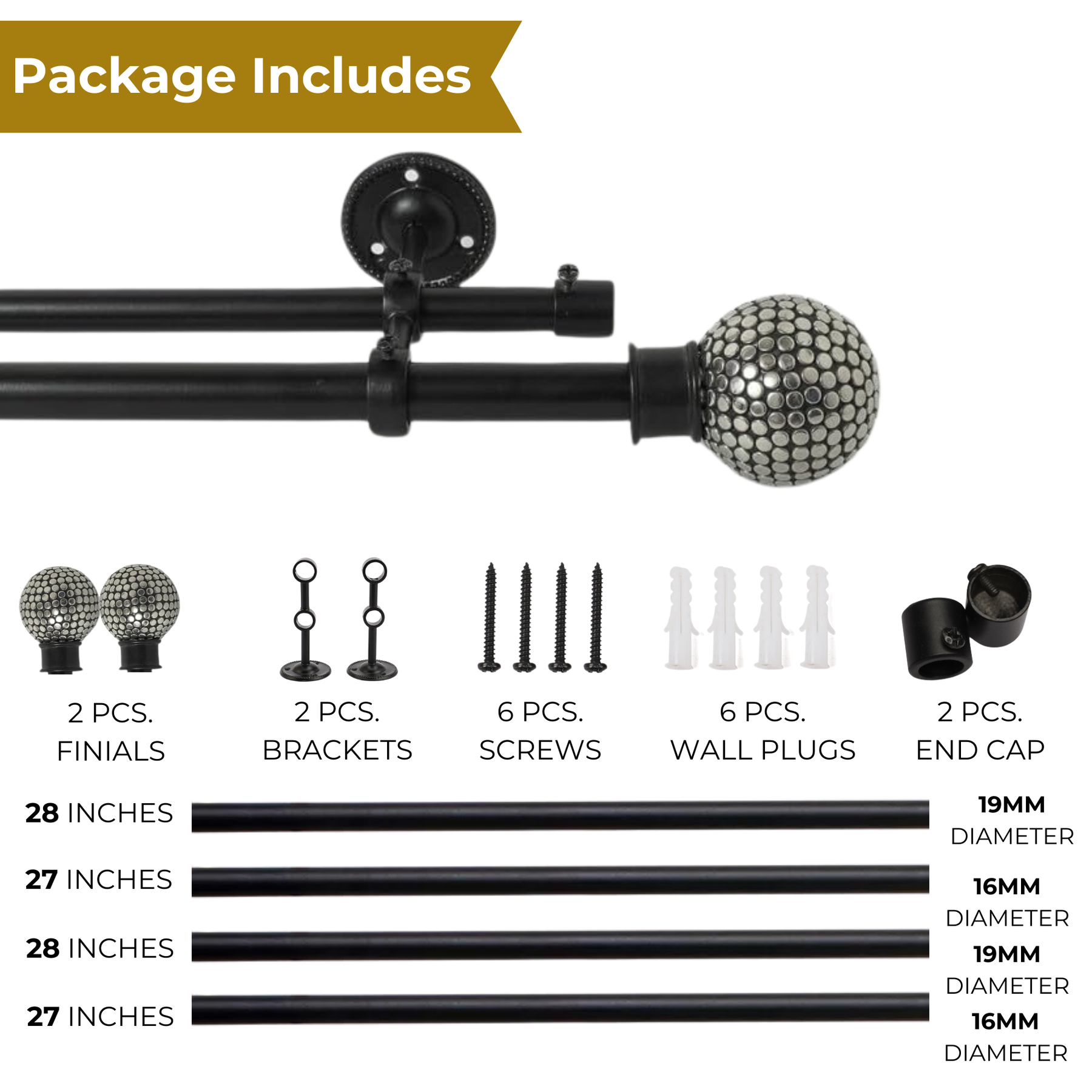 Black Double Curtain Pole with Ball Finials | Extendable & Adjustable | For Bay Windows | Small & Large Windows-4