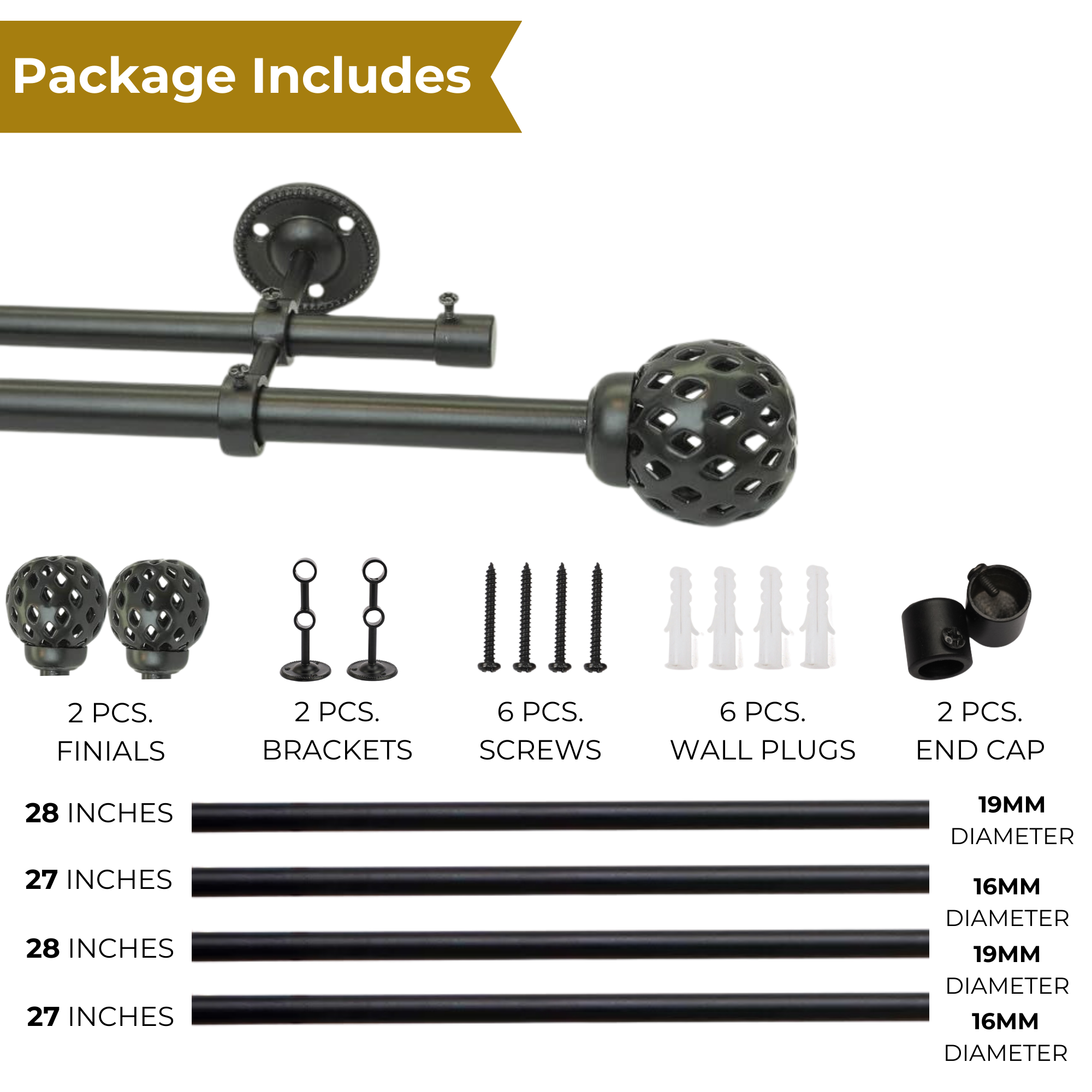 Double Curtain Pole | Black | Extendable & Adjustable | 28-144 Inch | Geometric Ball Finials-3