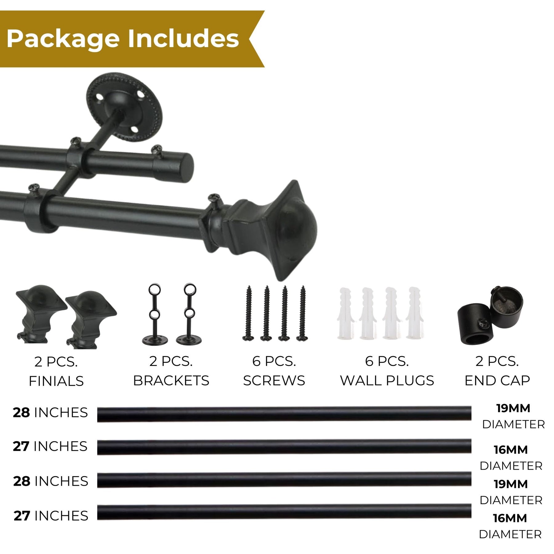 Black Extendable Double Curtain Rod with Decorative Urn Finials | All Window Sizes-4