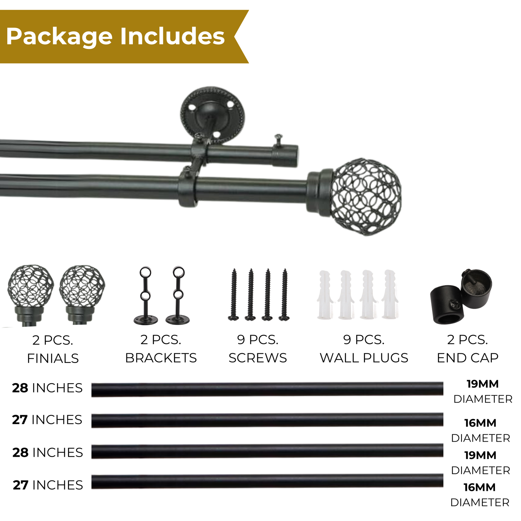 Black Extendable Double Curtain Pole With Decorative Cage Style Ball Finials-4