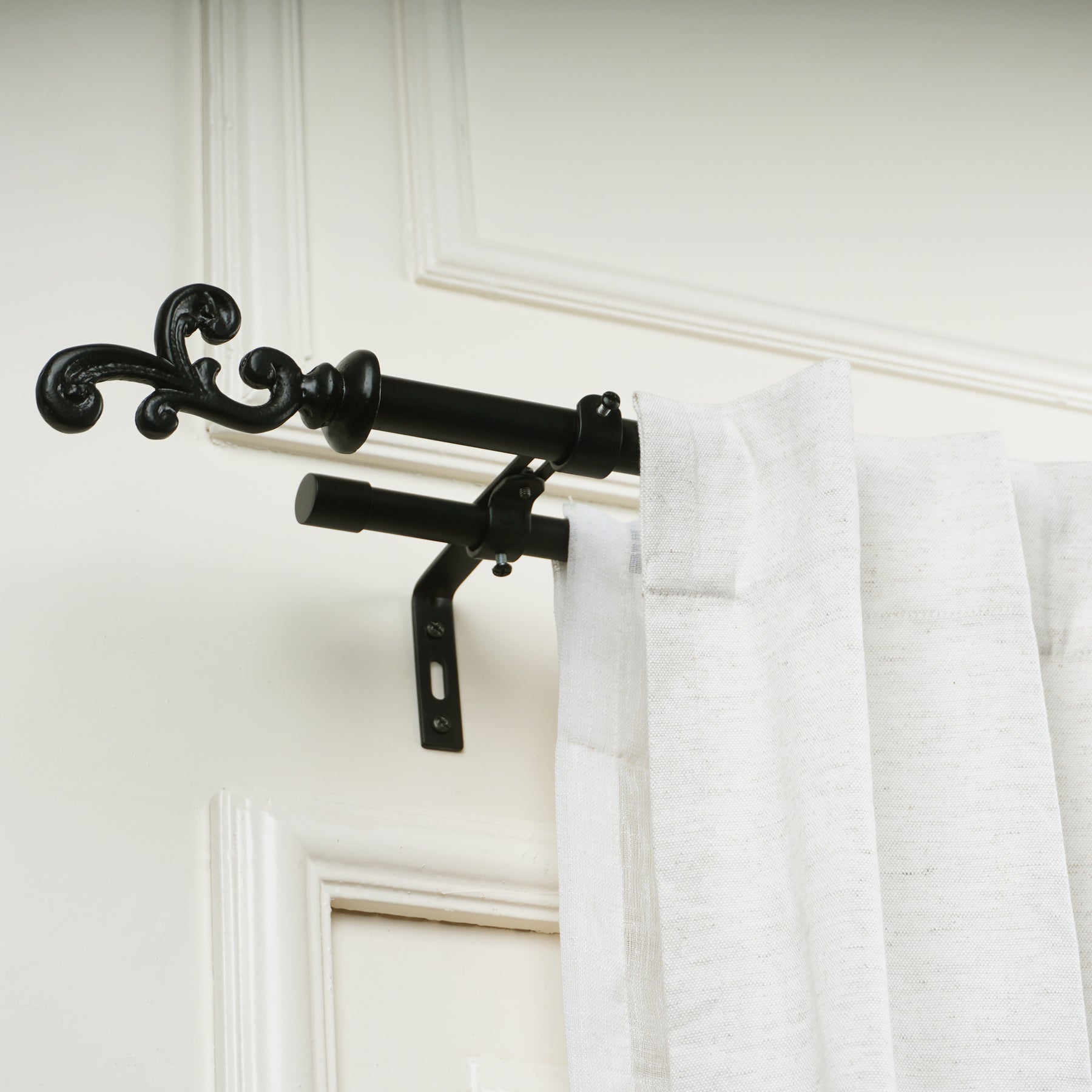 Black Extendable Double Curtain Pole | Ornate Finials | 28 to 144 Inch | Strong & Durable-1