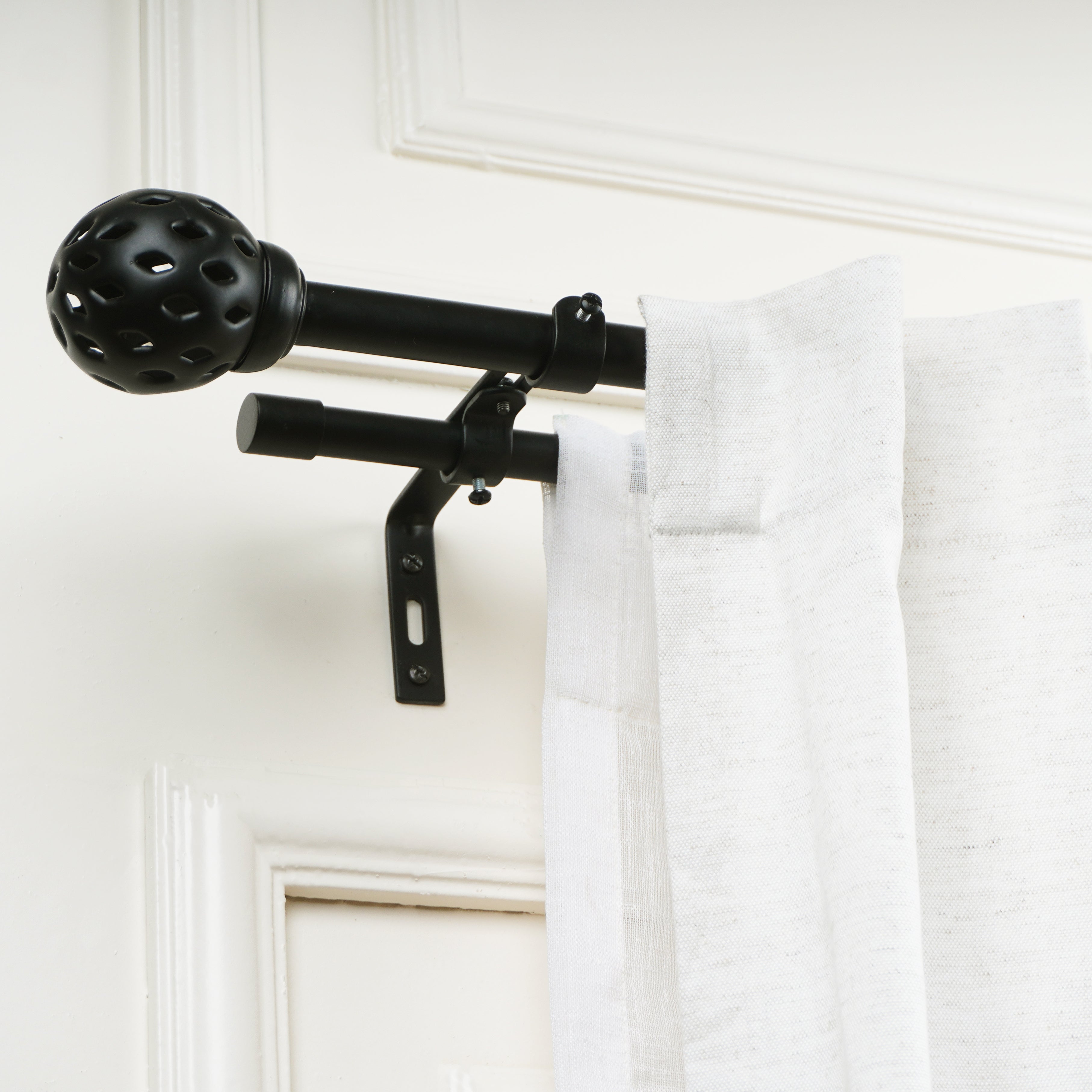 Double Curtain Pole | Black | Extendable & Adjustable | 28-144 Inch | Geometric Ball Finials-1
