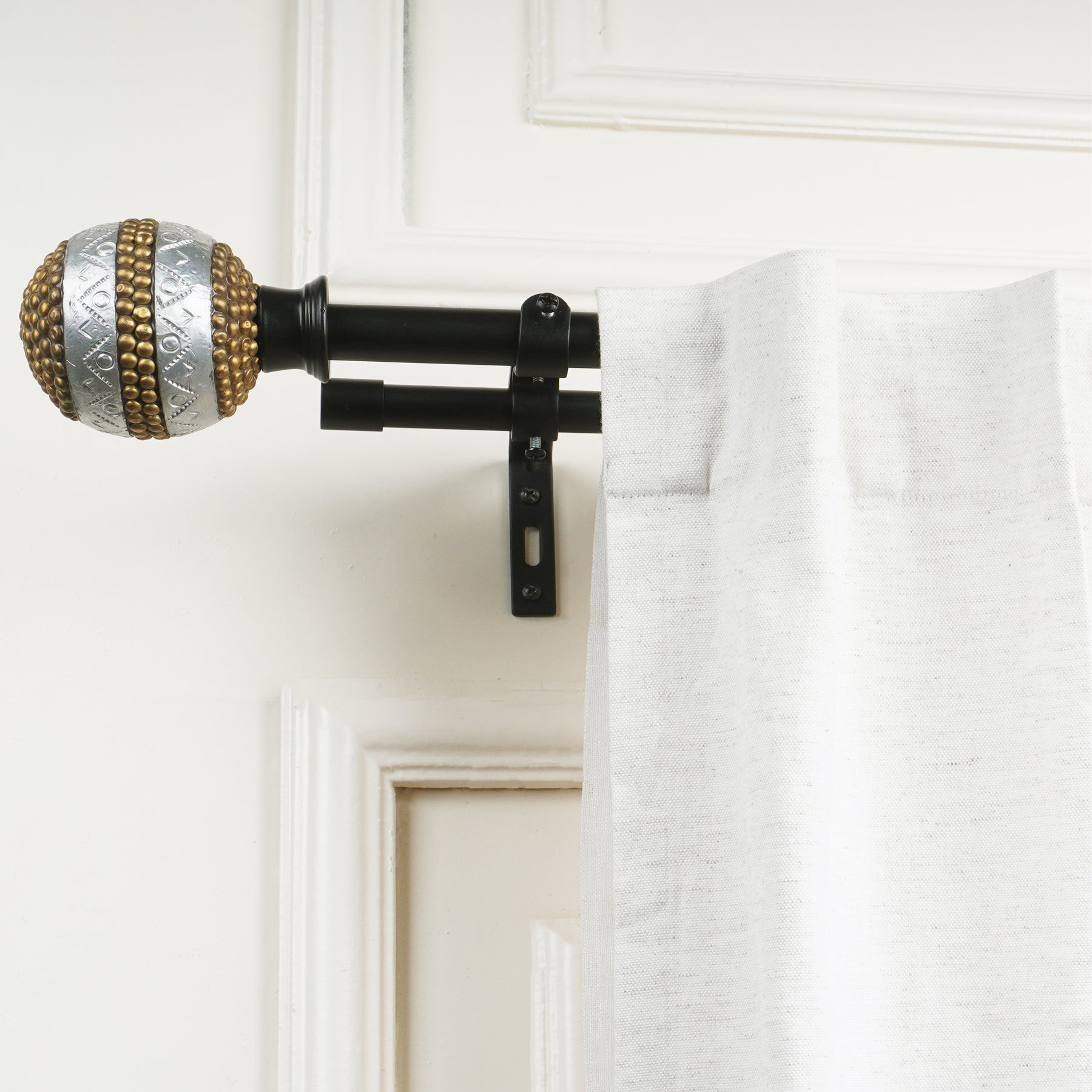 Double Curtain Pole | Black | Extendable | Beaded Ball Finials | 28-144 Inch-1