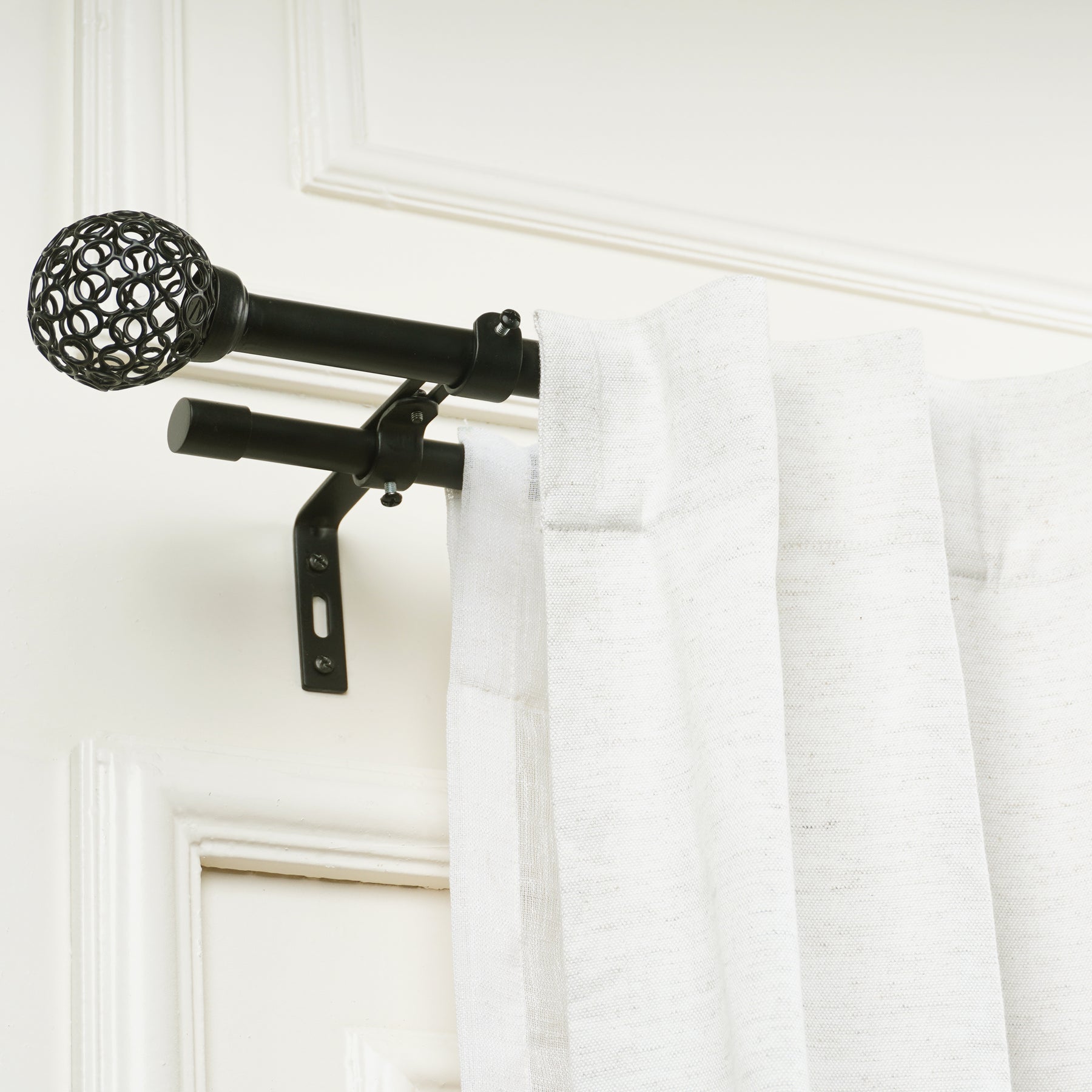 Black Extendable Double Curtain Pole With Decorative Cage Style Ball Finials-1