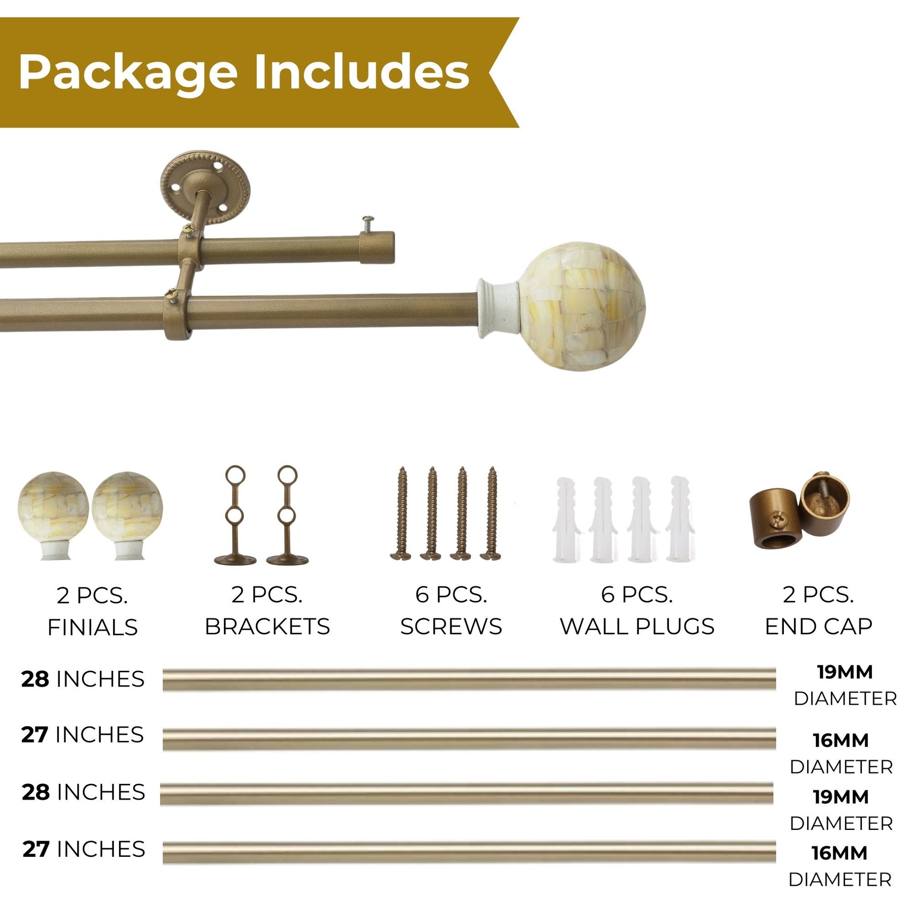 Double Curtain Pole | Antique Brass | Extendable & Adjustable | 28-144 Inch | Mother of Pearl Finials-4