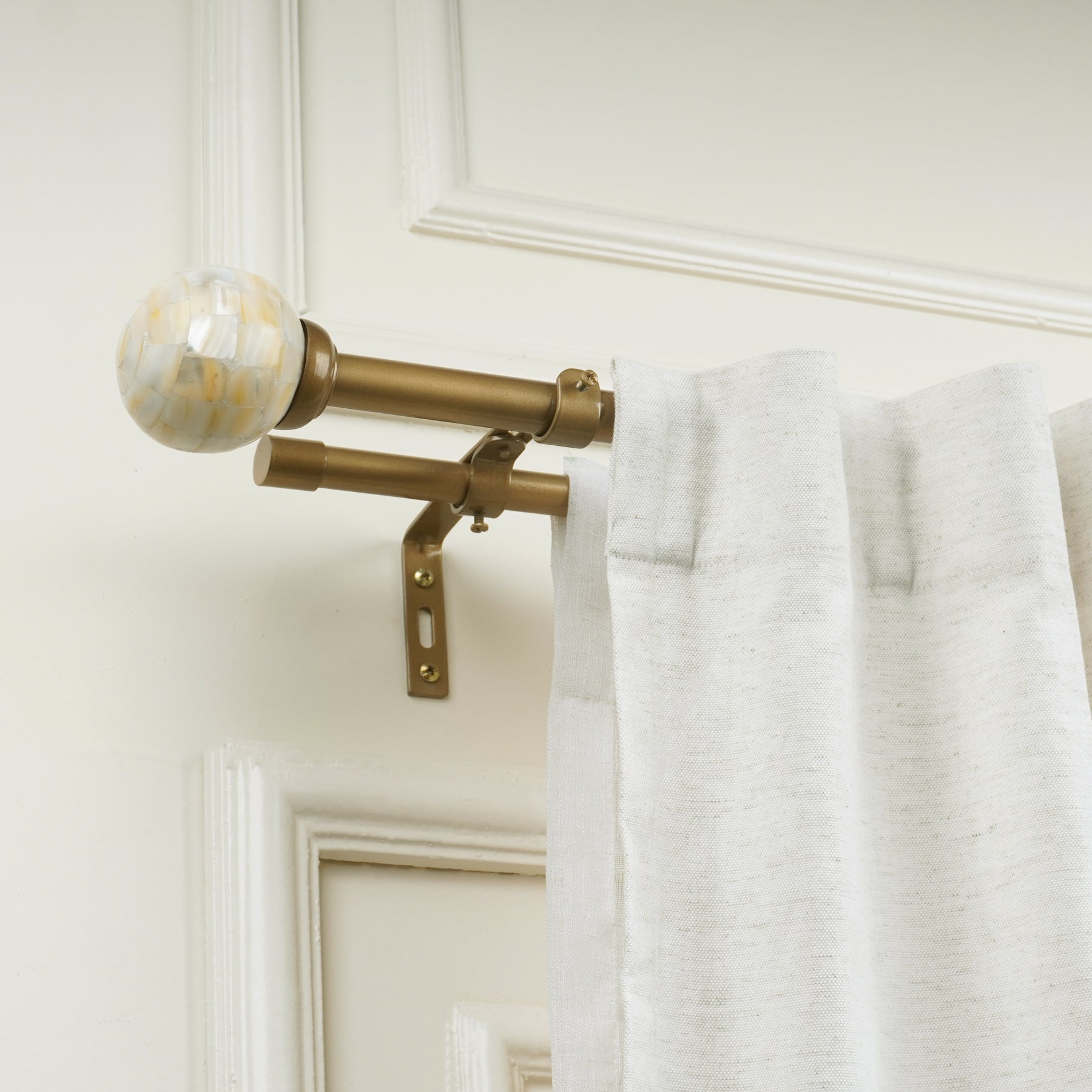 Double Curtain Pole | Antique Brass | Extendable & Adjustable | 28-144 Inch | Mother of Pearl Finials-1