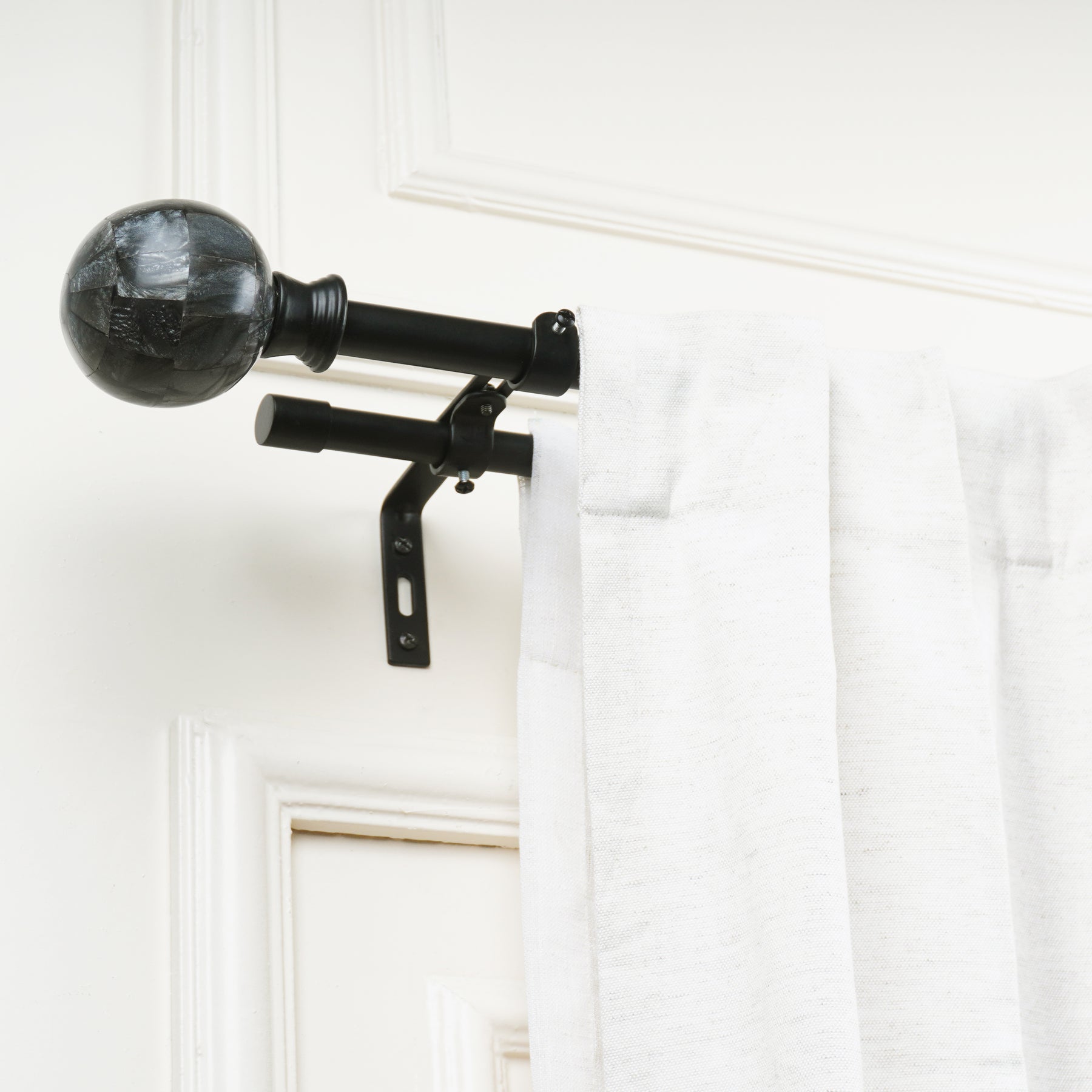 Double Curtain Pole | Matt Black | Extendable & Adjustable | 28-144 Inch | Marble Finials-1