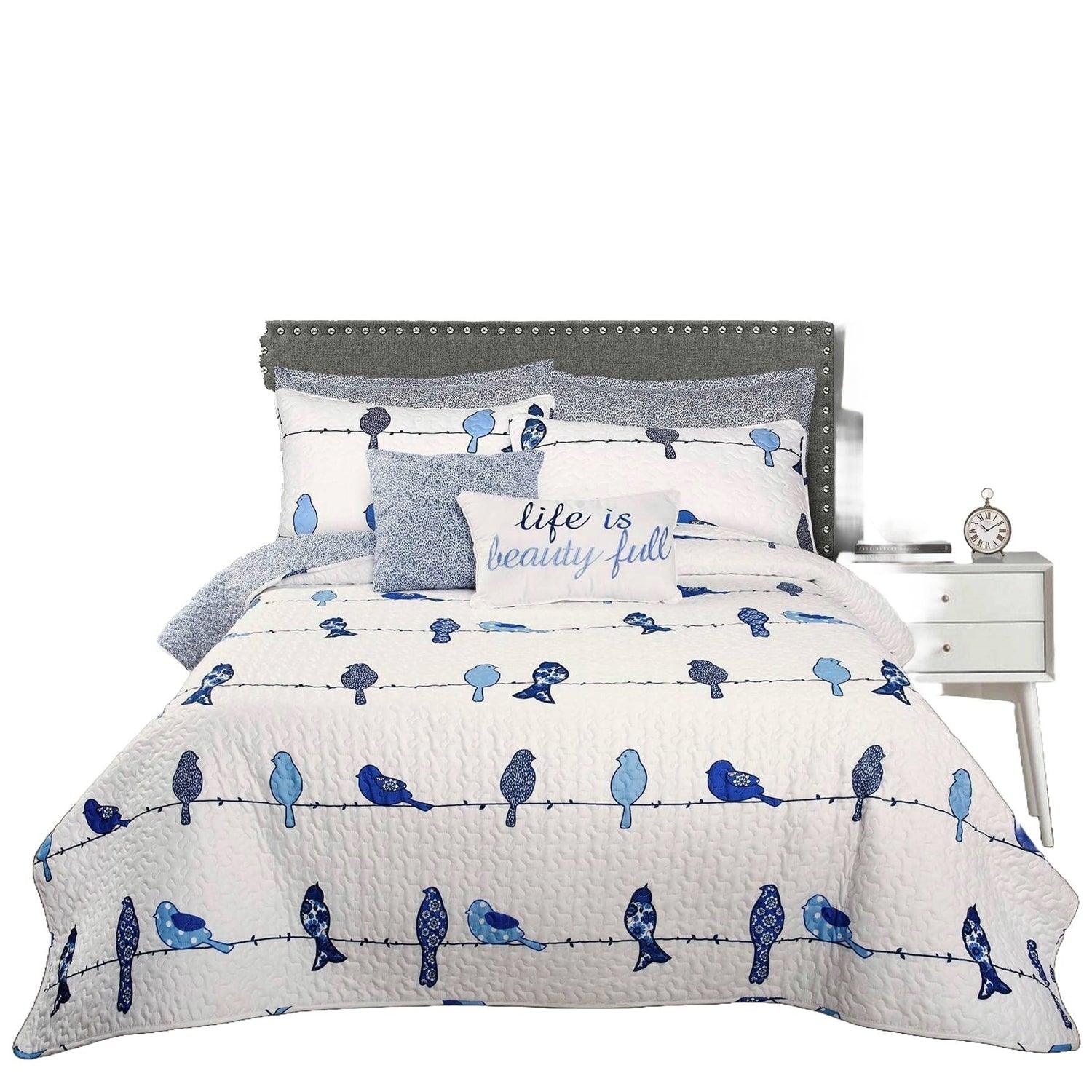 Full/Queen Blue White Navy Floral Birds On Wire Lightweight 7 Piece Quilt Set - PRHOMZ