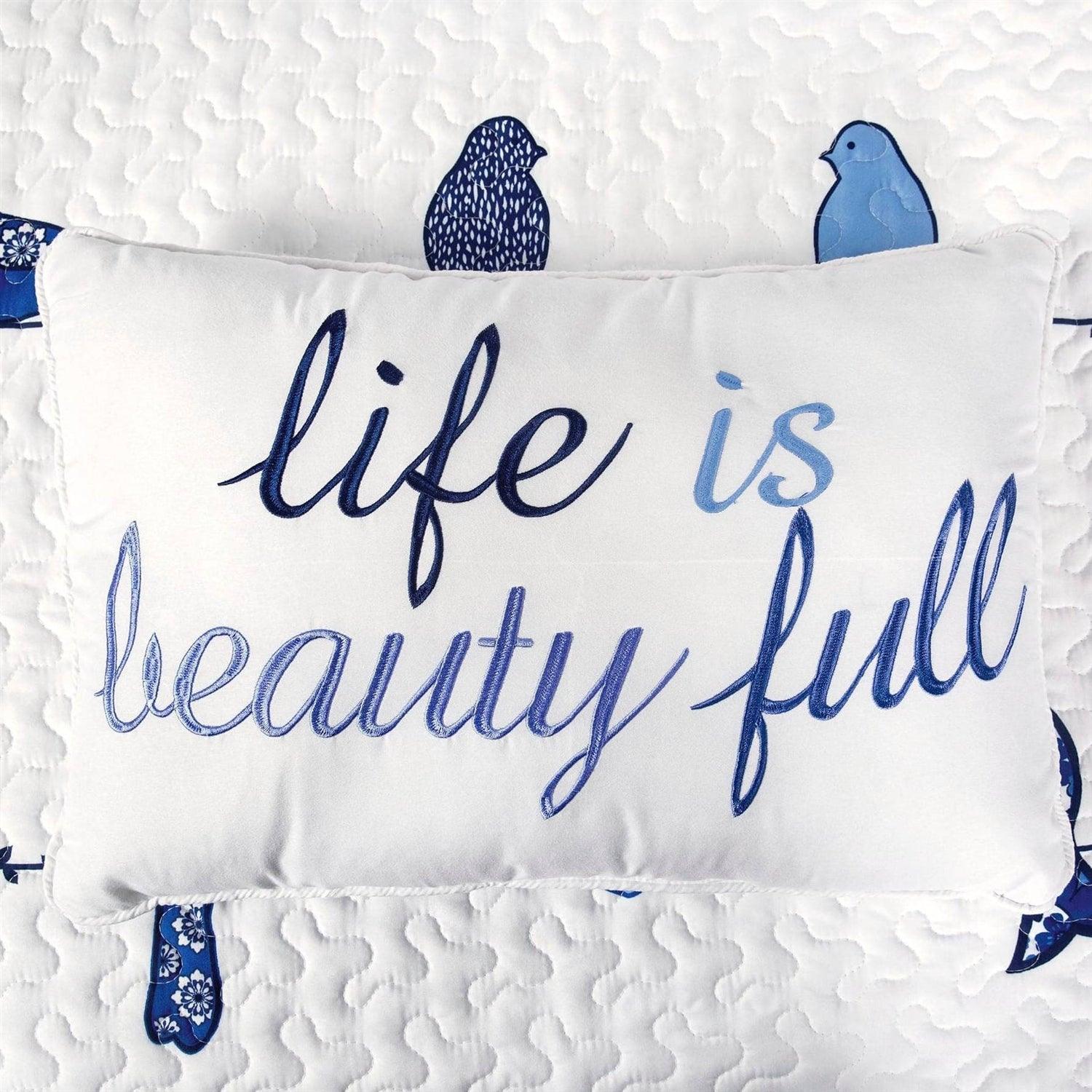 Full/Queen Blue White Navy Floral Birds On Wire Lightweight 7 Piece Quilt Set - PRHOMZ