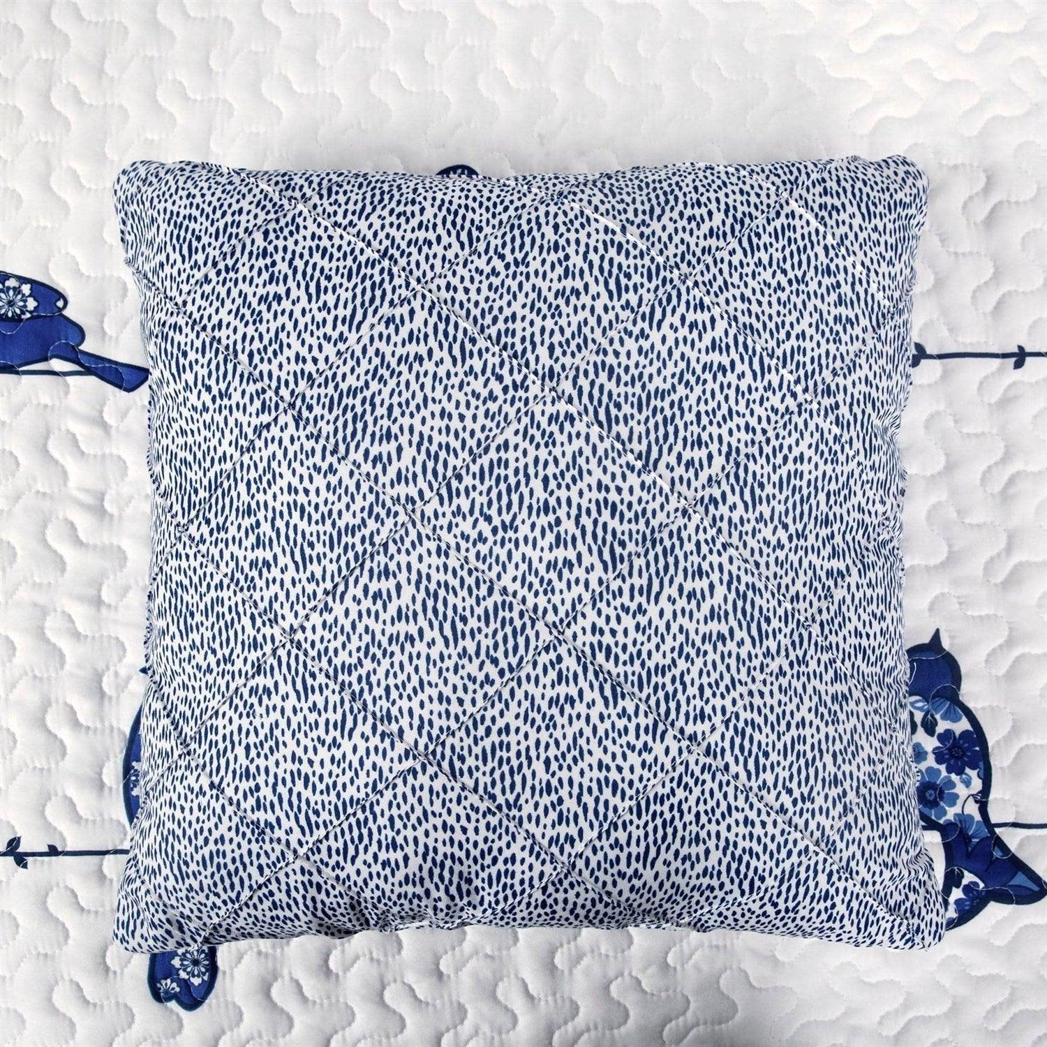 Full/Queen Blue White Navy Floral Birds On Wire Lightweight 7 Piece Quilt Set - PRHOMZ