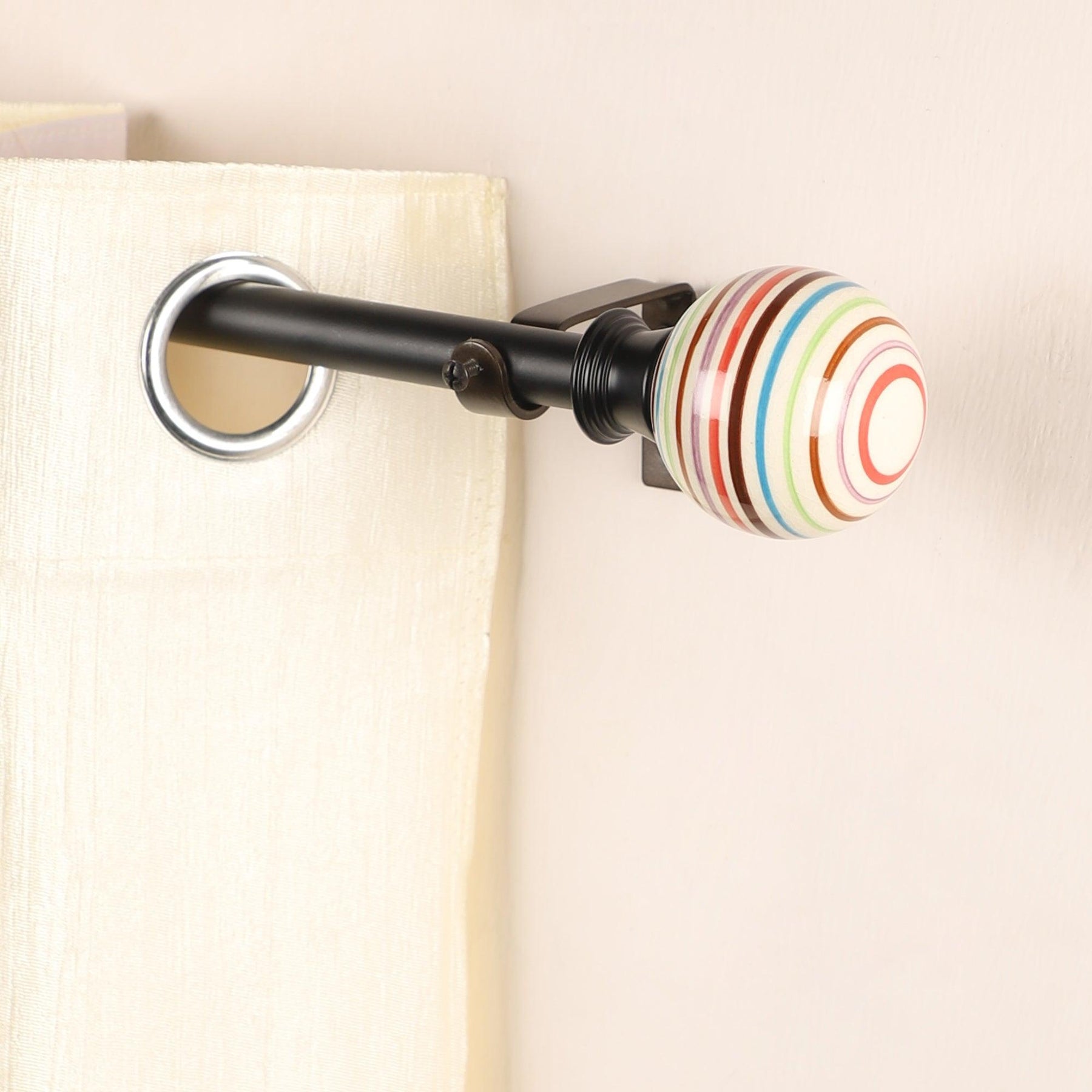 Black Extendable Telescopic Curtain Pole | Rod With Colorful Striped Finials | 61-366cm-0