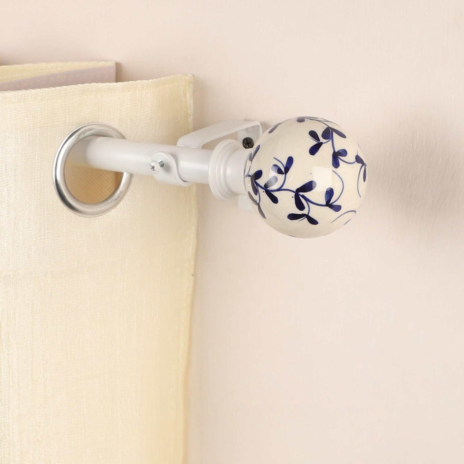 White Extendable Telescopic Curtain Pole | Blue Ceramic Floral Finials | 61-366cm-0