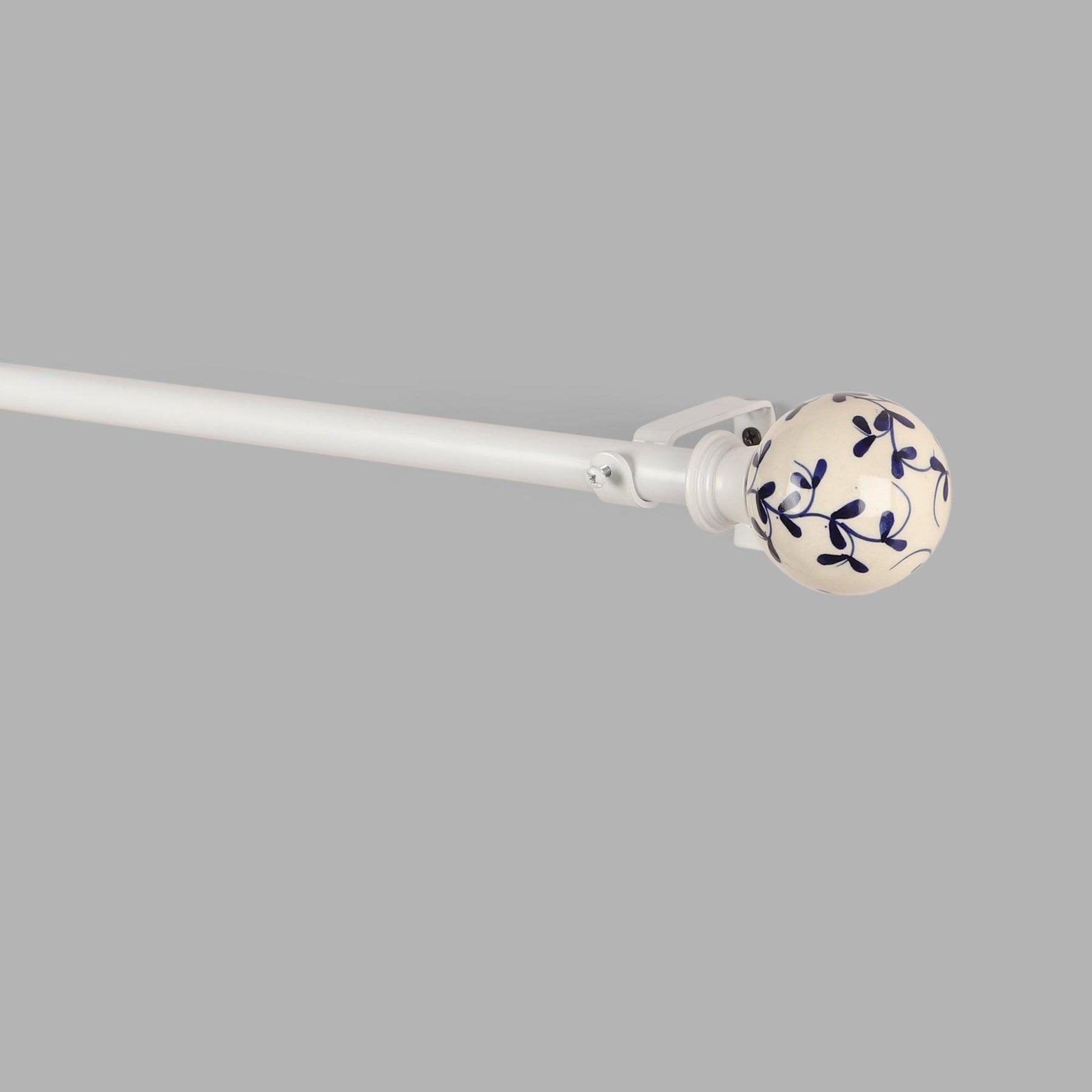 White Extendable Telescopic Curtain Pole | Blue Ceramic Floral Finials | 61-366cm-1