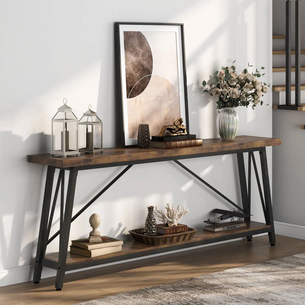 Sturdy 70-inch Industrial Brown Wood Top Console Table with Black Metal Frame-0