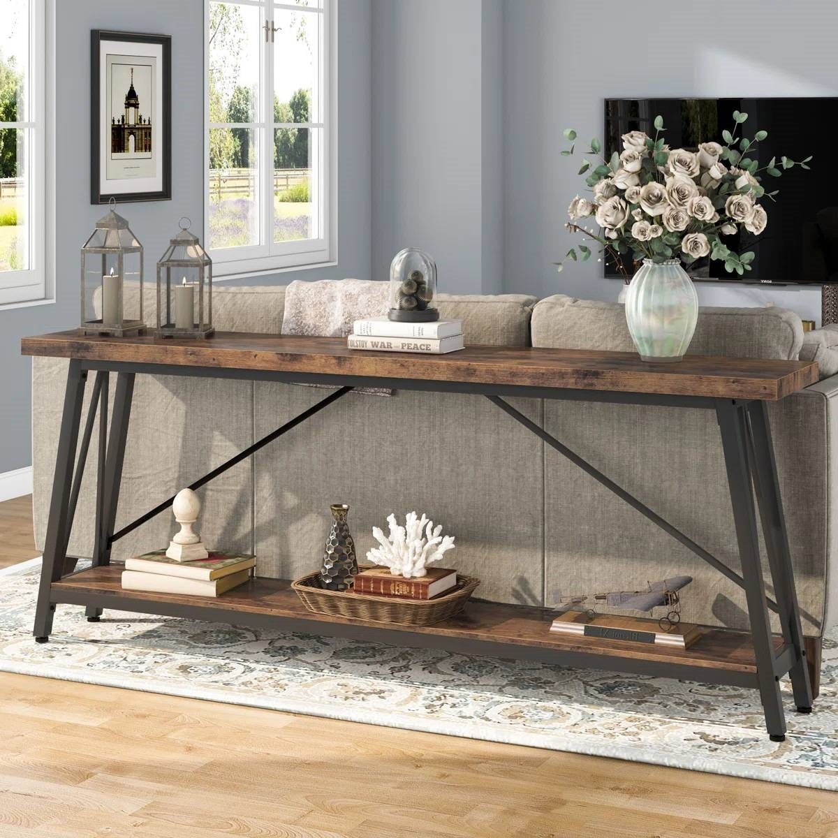 Sturdy 70-inch Industrial Brown Wood Top Console Table with Black Metal Frame-1