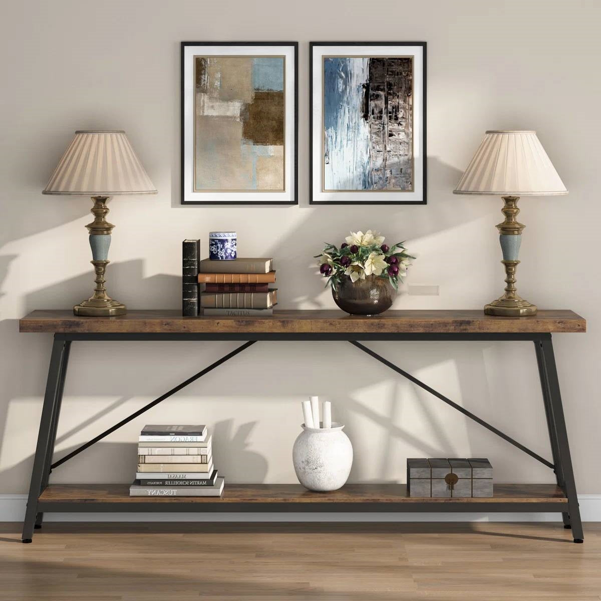 Sturdy 70-inch Industrial Brown Wood Top Console Table with Black Metal Frame-3