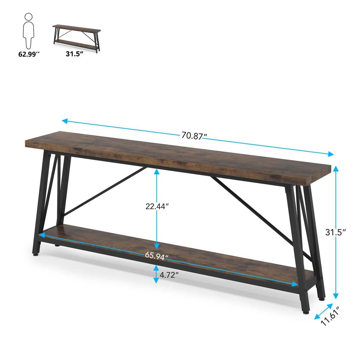 Sturdy 70-inch Industrial Brown Wood Top Console Table with Black Metal Frame-4