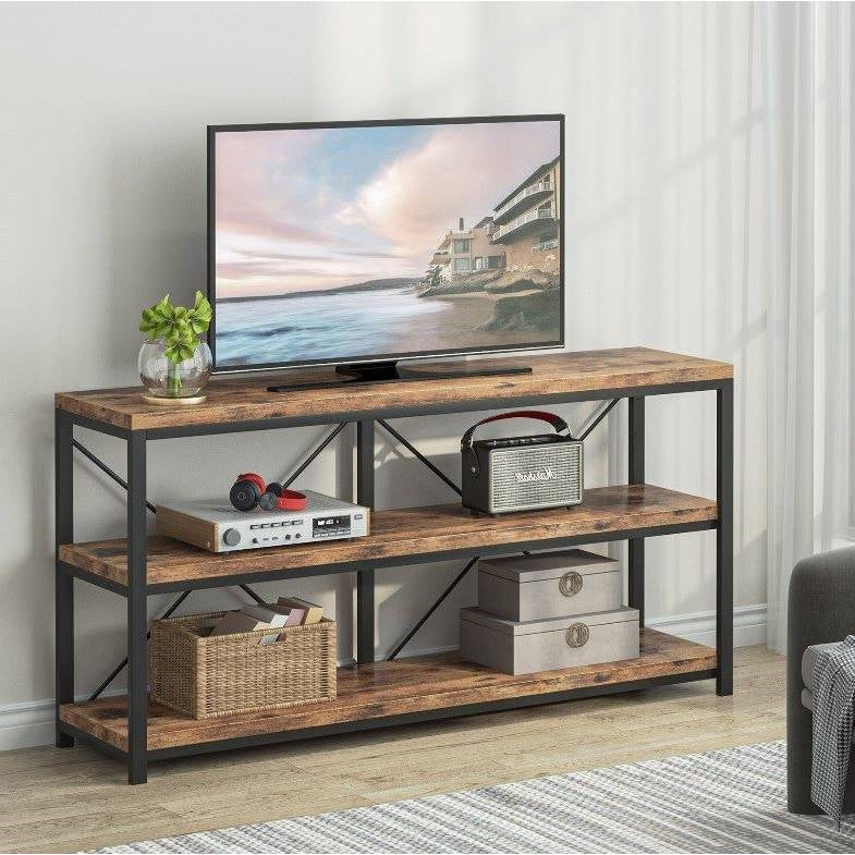 Industrial 55-inch Wood Shelf Console Sofa Table with Sturdy Black Metal Frame-2