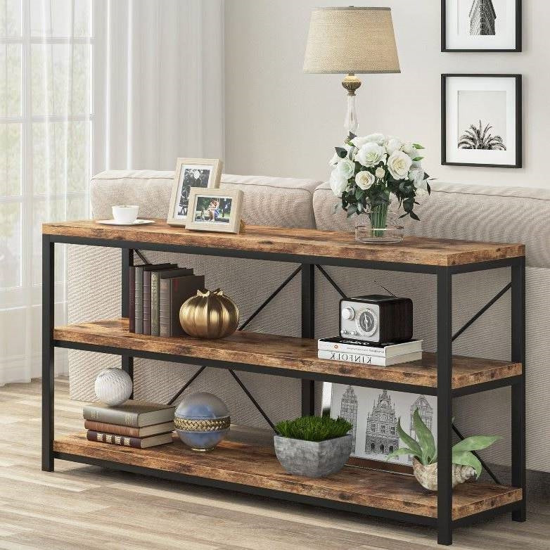 Industrial 55-inch Wood Shelf Console Sofa Table with Sturdy Black Metal Frame-3