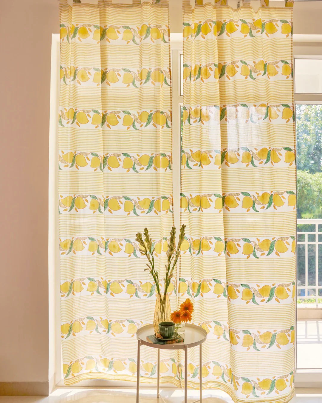 Yellow & Green Hand Block Printed Linen Curtains | Mango & Stripe Design-2