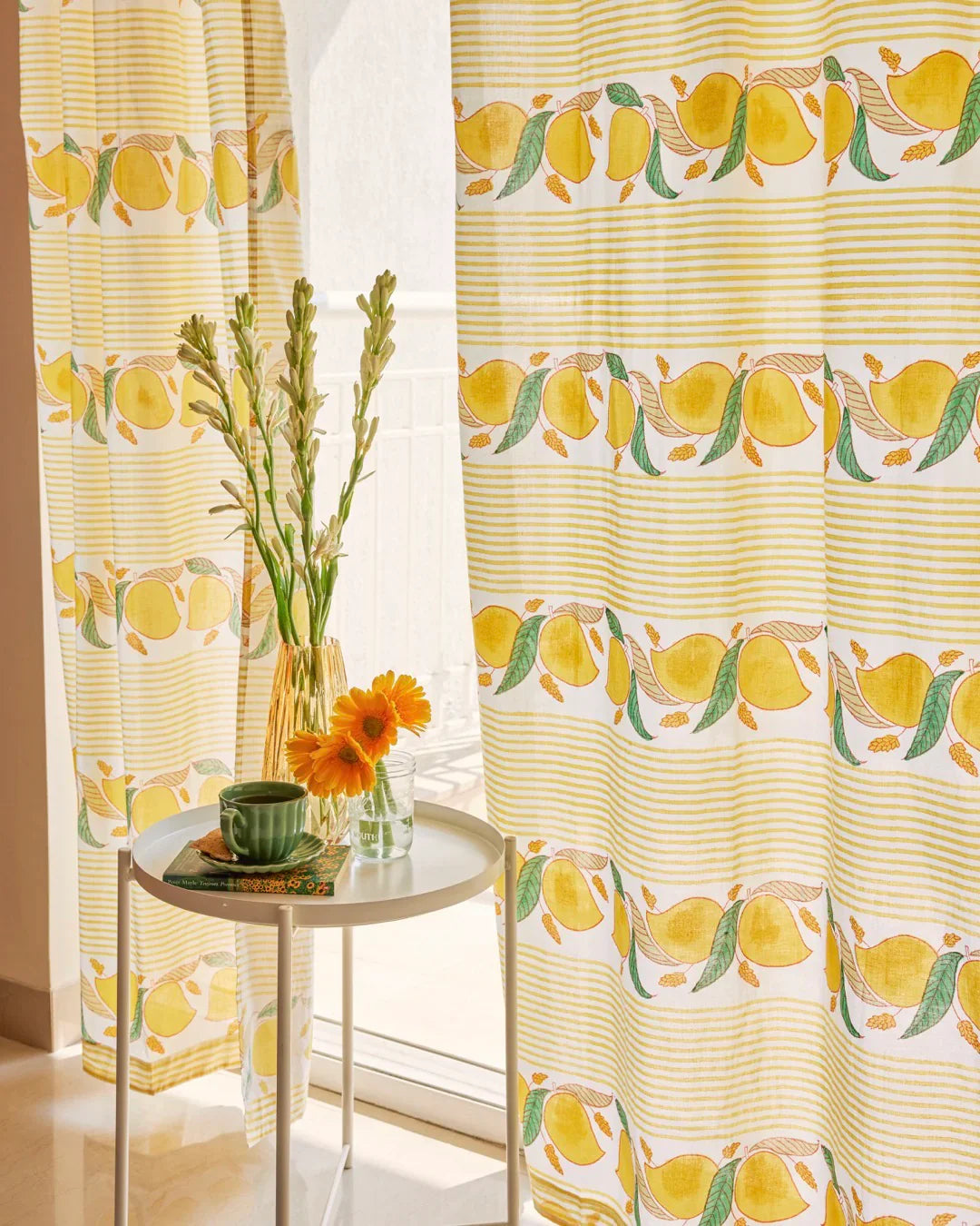 Yellow & Green Hand Block Printed Linen Curtains | Mango & Stripe Design-0