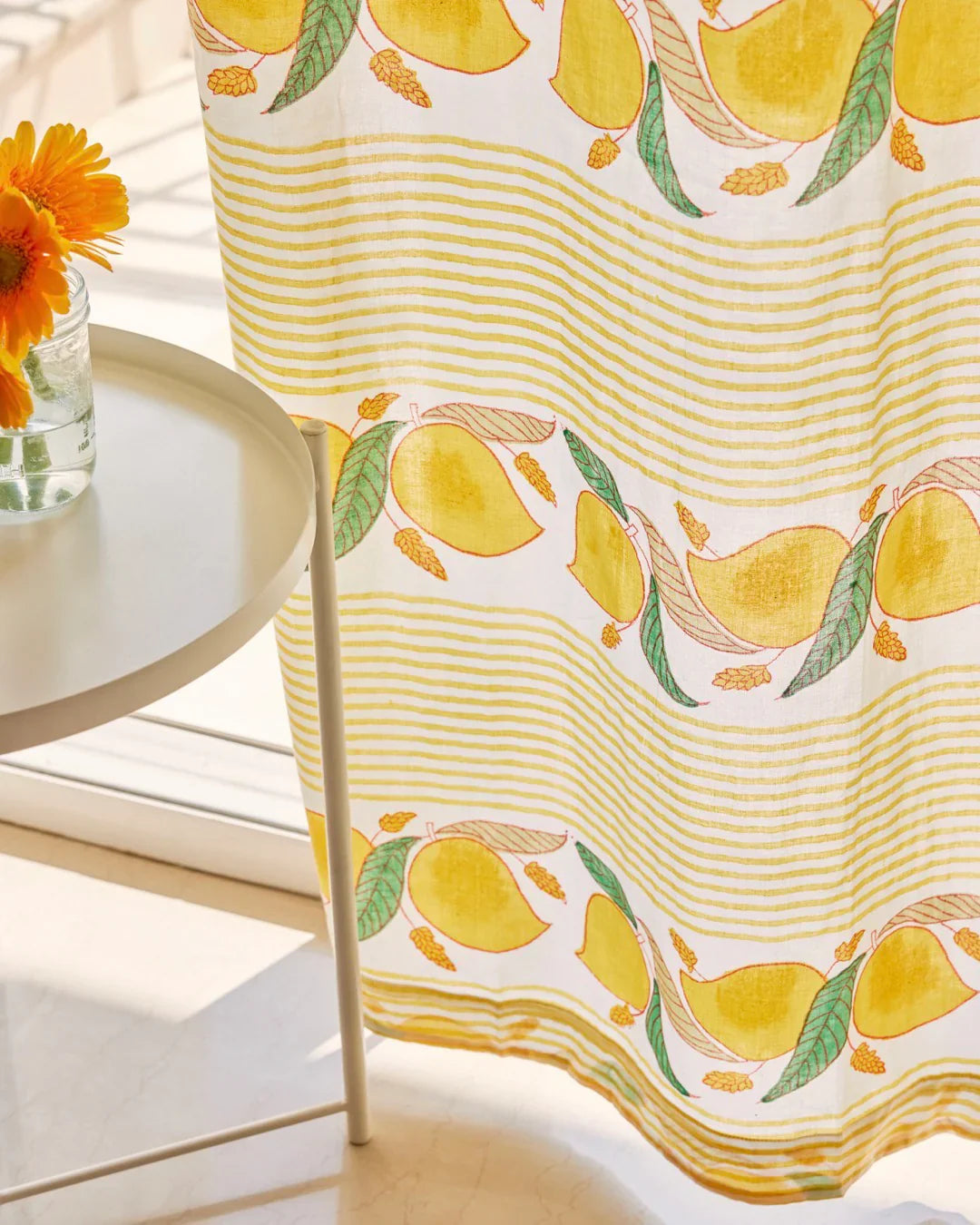 Yellow & Green Hand Block Printed Linen Curtains | Mango & Stripe Design-3