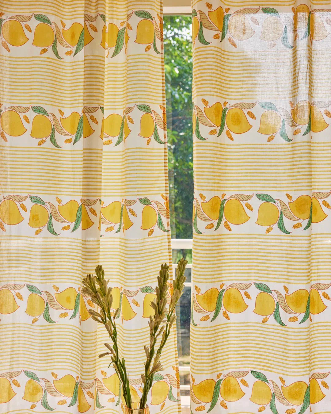 Yellow & Green Hand Block Printed Linen Curtains | Mango & Stripe Design-4