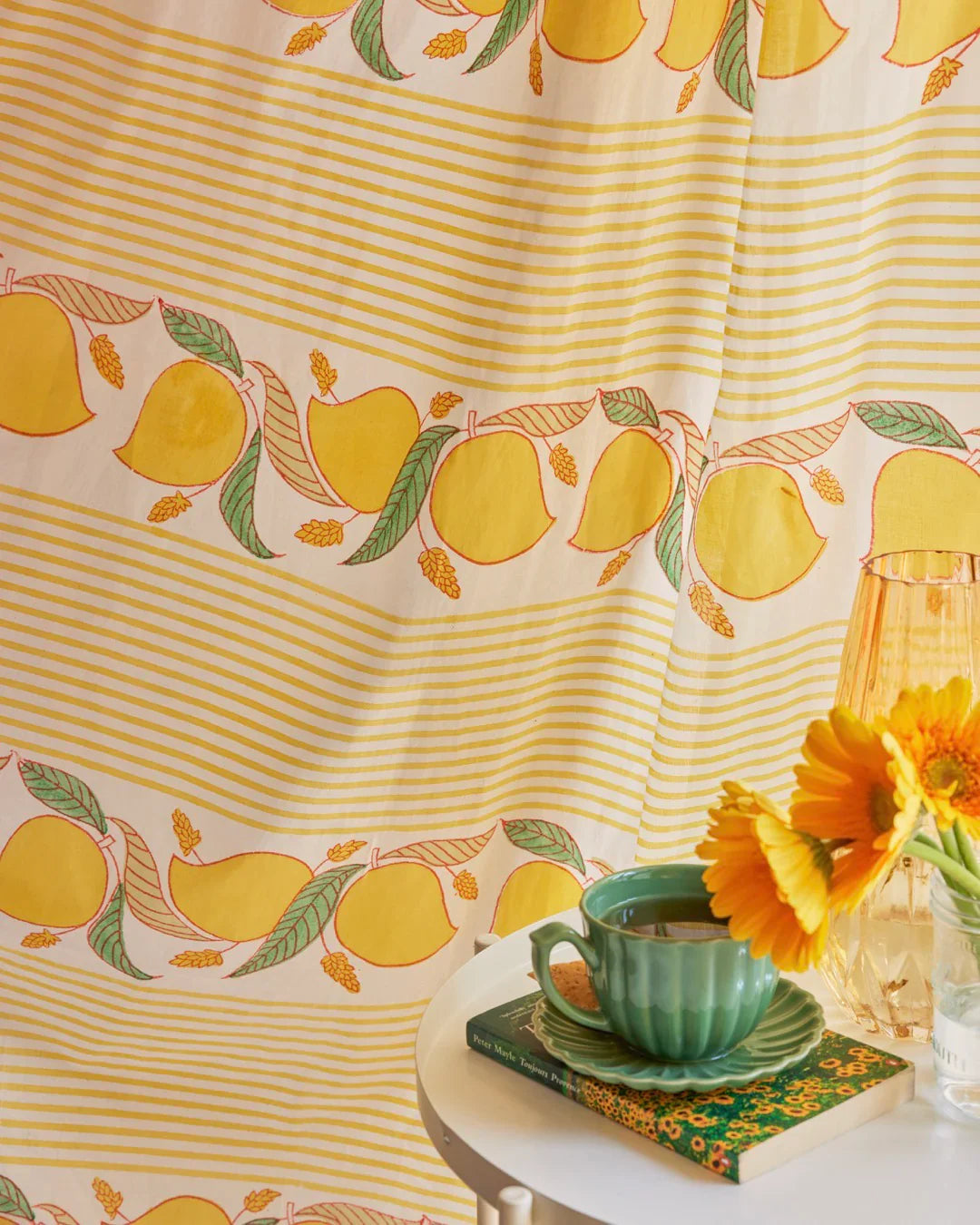 Yellow & Green Hand Block Printed Linen Curtains | Mango & Stripe Design-1