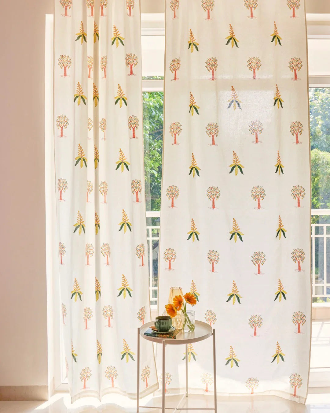 White & Yellow Hand Block Printed Linen Curtains | Mango Tree Design-4